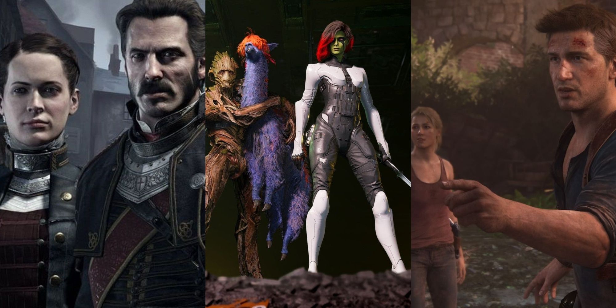 A three-image collage of a close-up of Lady Igraine and Sir Galahad as on the cover of The Order: 1886, Groot with Gamora holding a lama in Guardians of the Galaxy, and Nate and Elena in Uncharted 4: A Thief's End. 