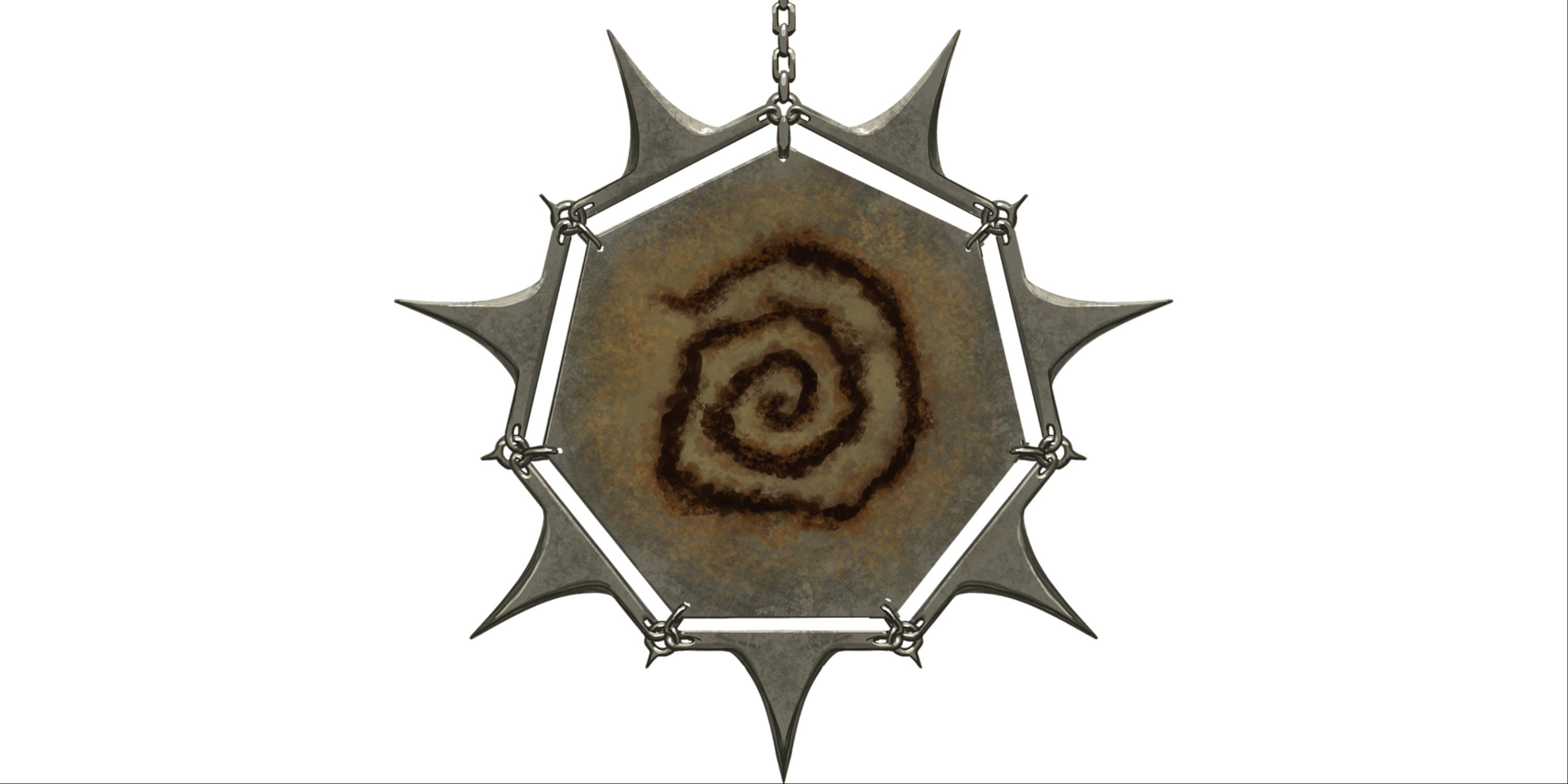 A seven sided metal plate inside a pointed metal star. The metal plate is marred with a rusted spiral.