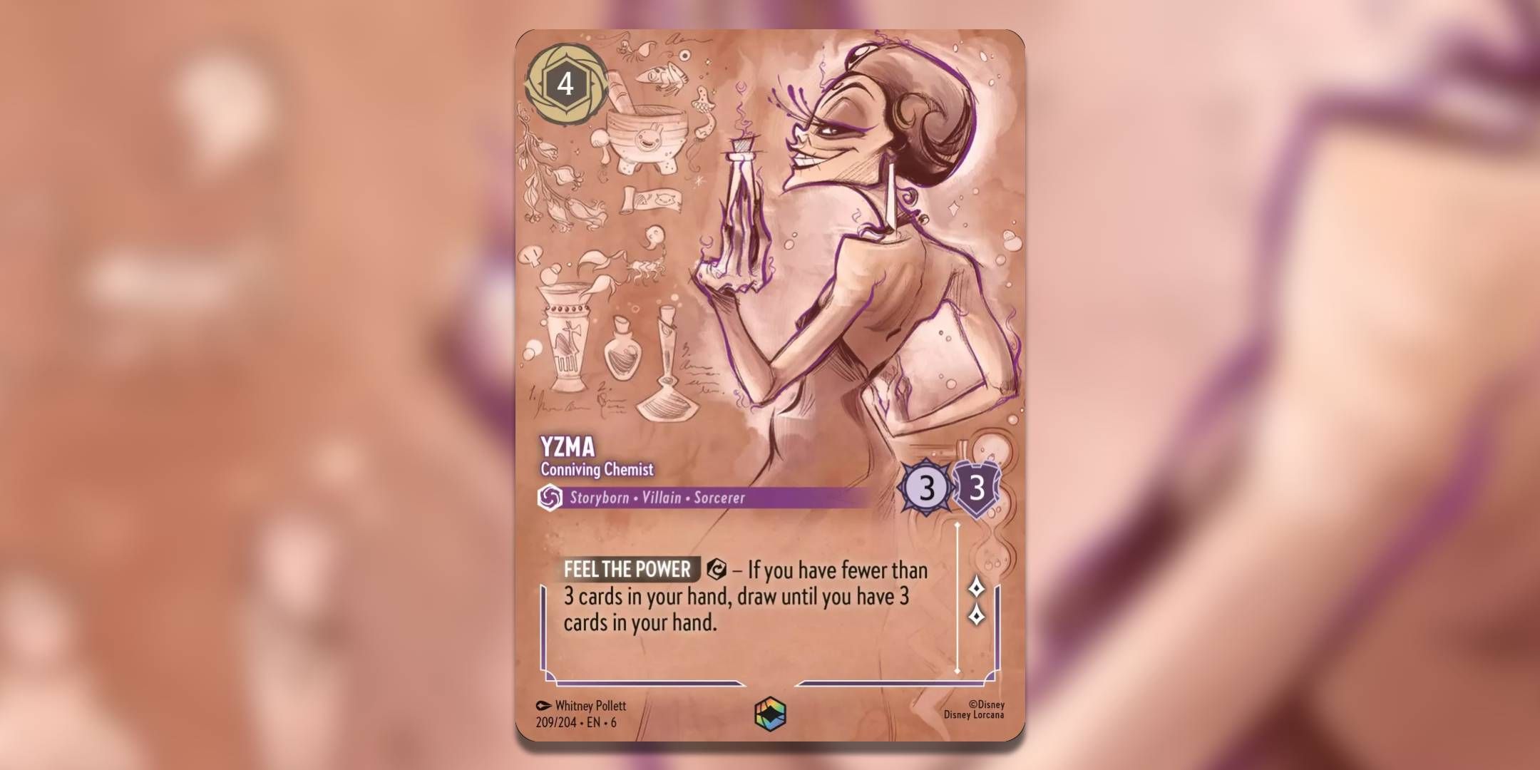 The Disney Lorcana card Yzma Conniving Chemist by Whitney Pollett.