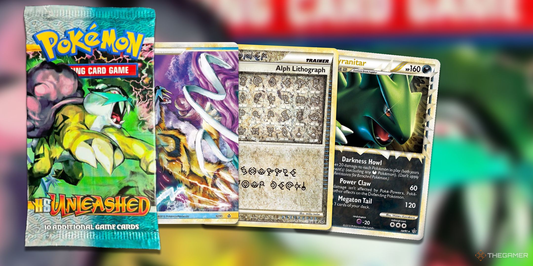 A pack of HeartGold and Soul Silver Unleashed and some of the valuable cards found within from the Pokemon TCG.