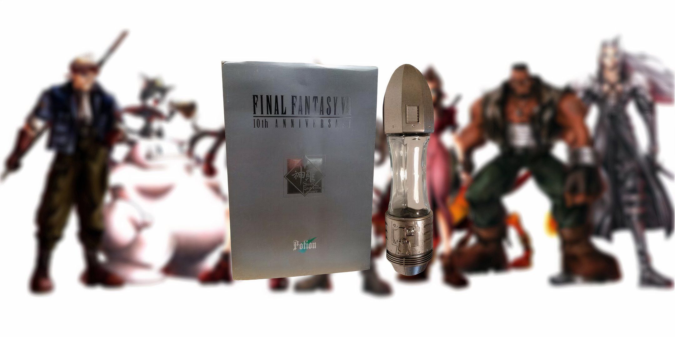 FF7 10th anniversary potion drink with it's pouch in the middle of the picture. 