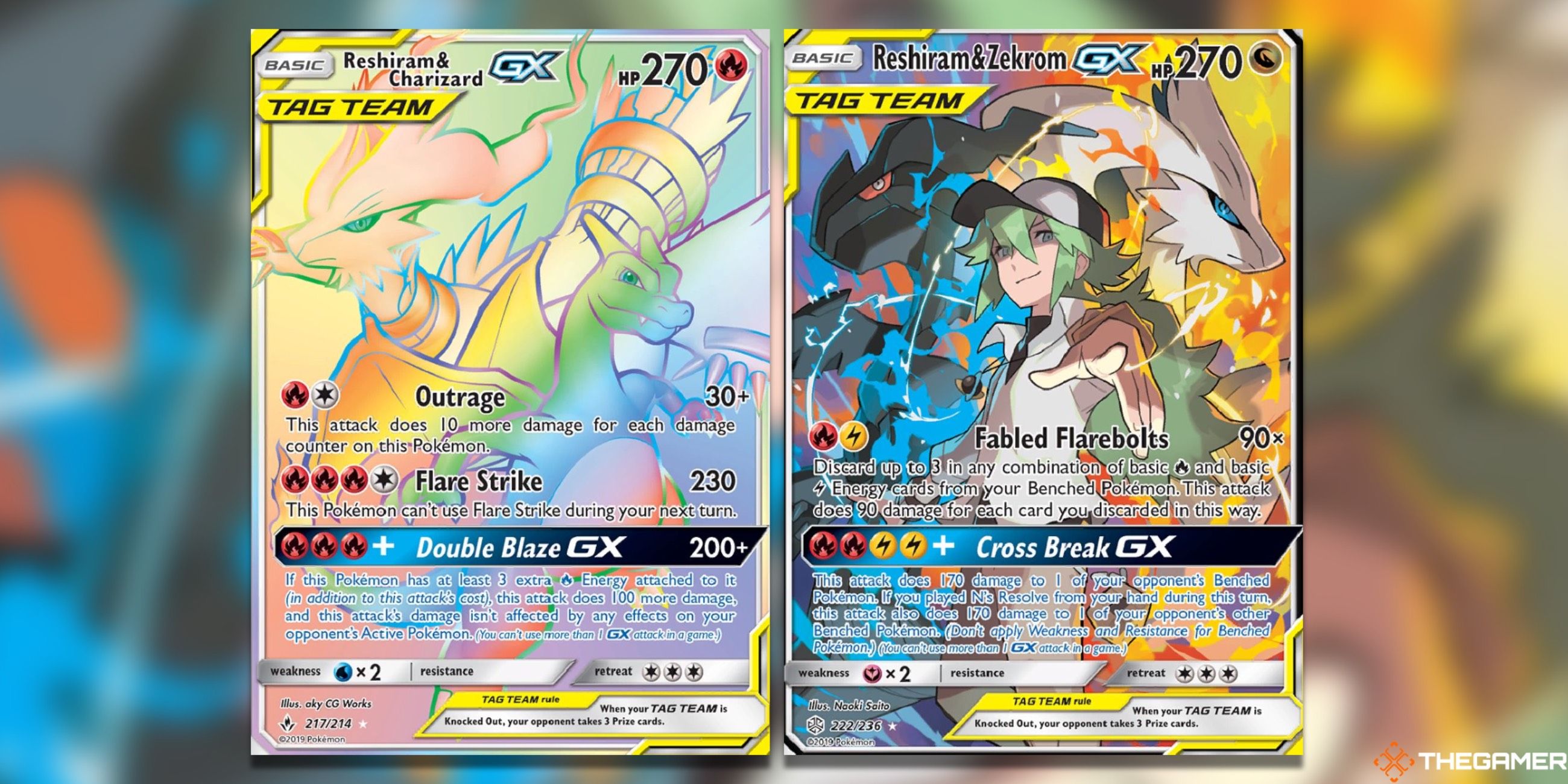 The Reshiram & Charizard GX Secret Rare from Unbroken Bonds and the Reshiram & Zekrom GX full art from Cosmic Eclipse in the Pokemon TCG.