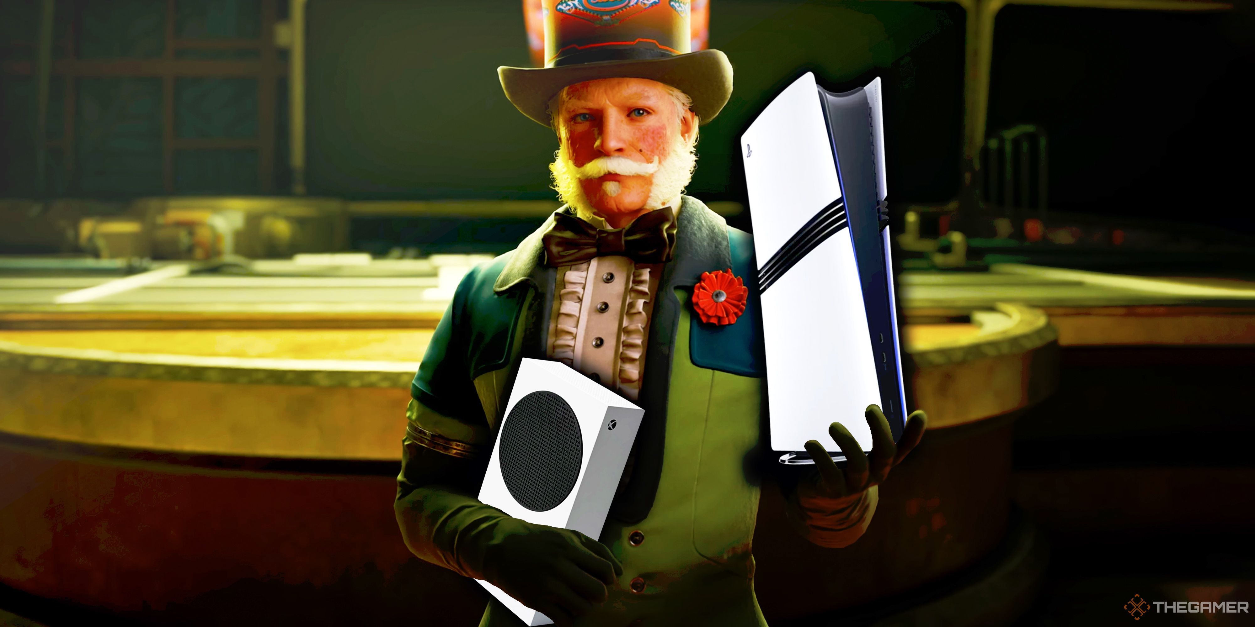 The rich dandy from The Outer Worlds 2 trailer holding an Xbox Series S and a PS5 Pro.