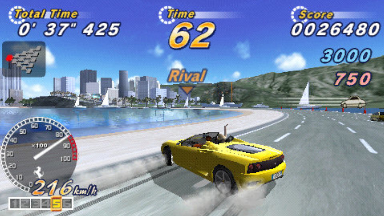 Drifting along the front of a beach in OutRun 2006: Coast 2 Coast