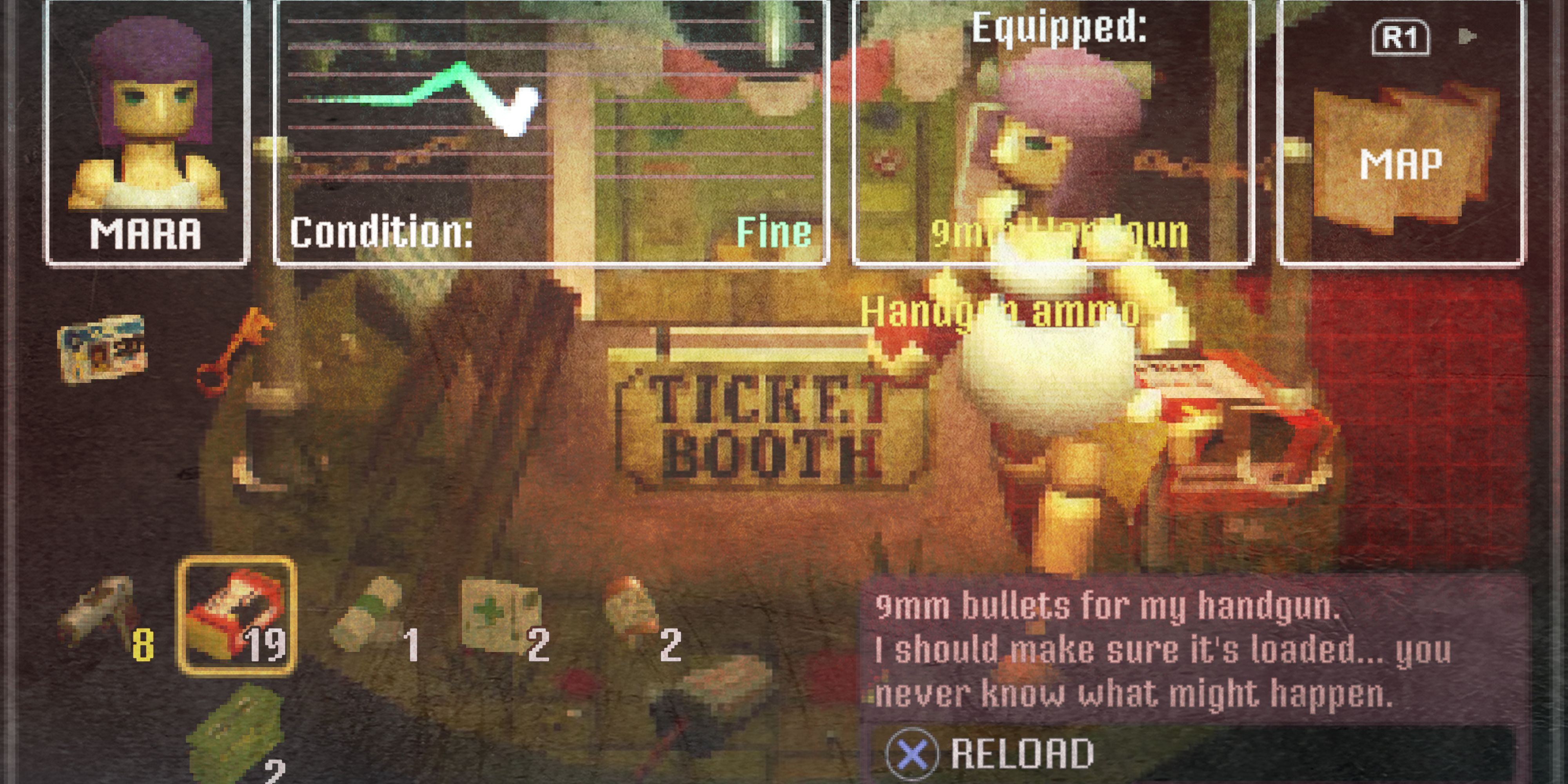 Mara from Crow Country with the game's inventory overlaid on the image