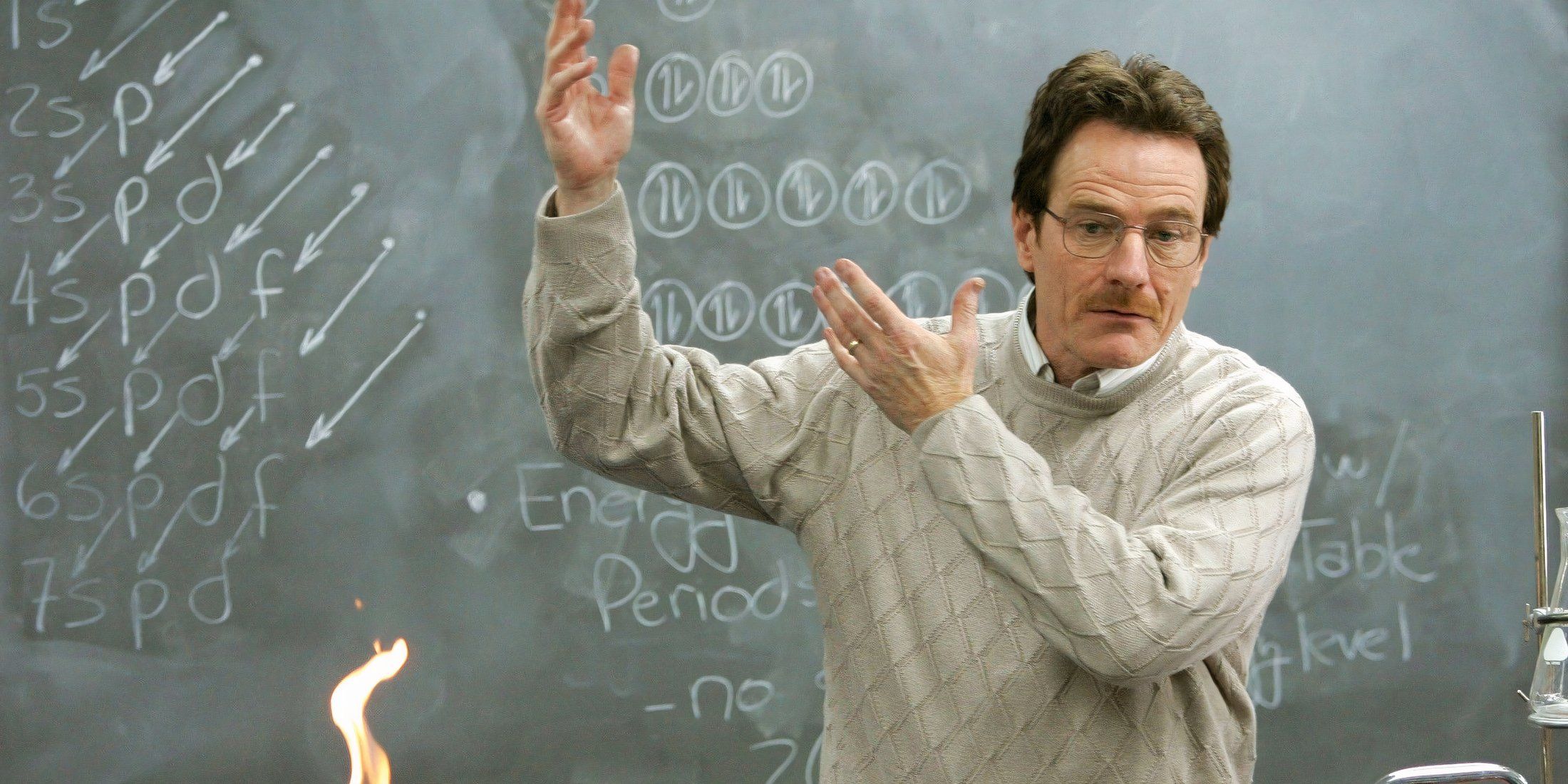 Breaking Bad's Walter White in front of a chalkboard