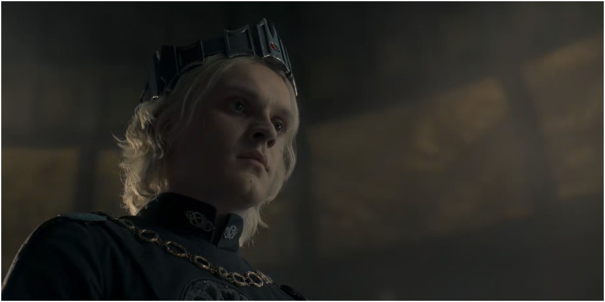 Aegon II Targaryen wears the crown of the Conqueror in House of the Dragon.