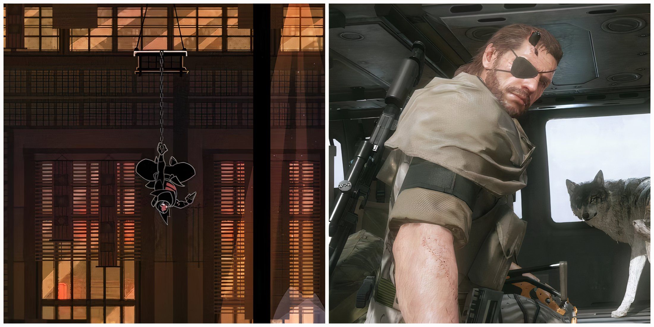 Split image of gameplay in Mark of the Ninja and a cutscene in Metal Gear Solid 5