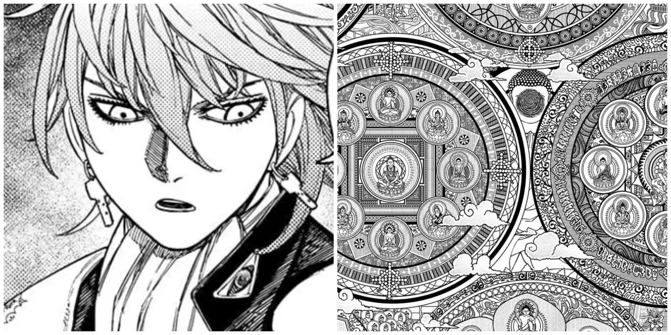 Split image of Count Saint Germain and the Womb Realm Mandala in Dandadan