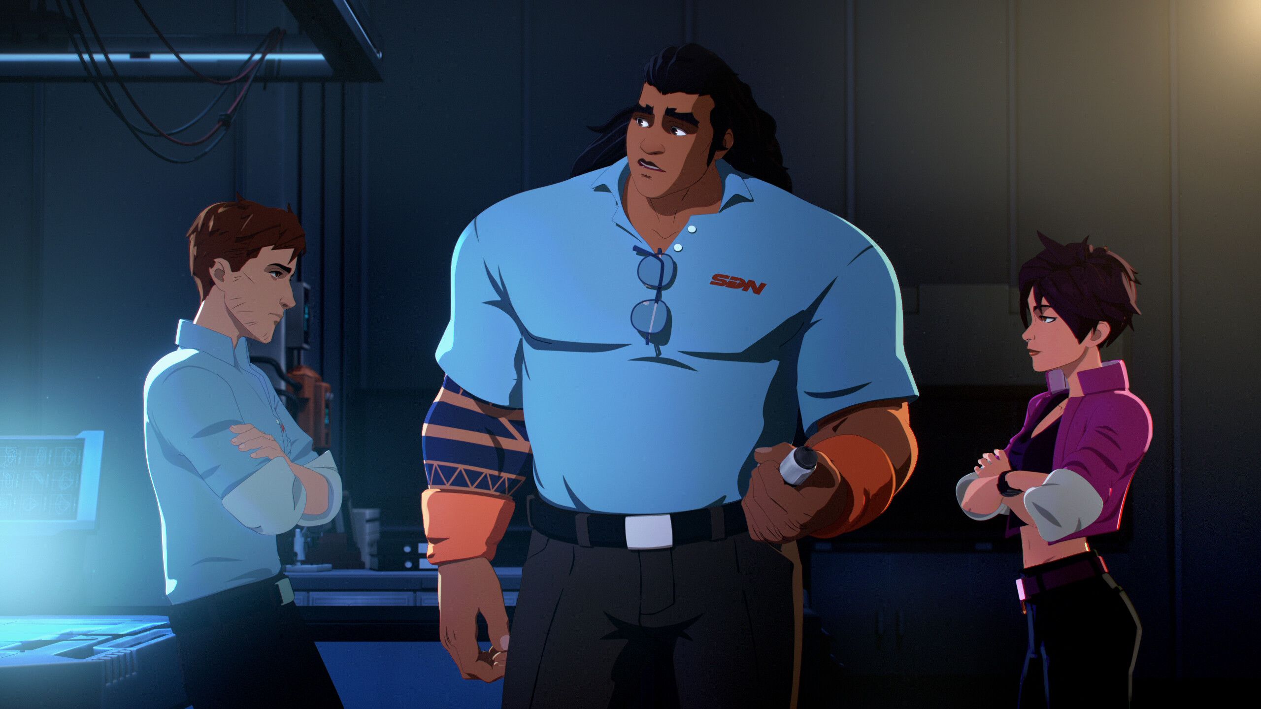 A screenshot from Dispatch, showing the protagonist engaged in a conversation with two other characters during a dialogue.