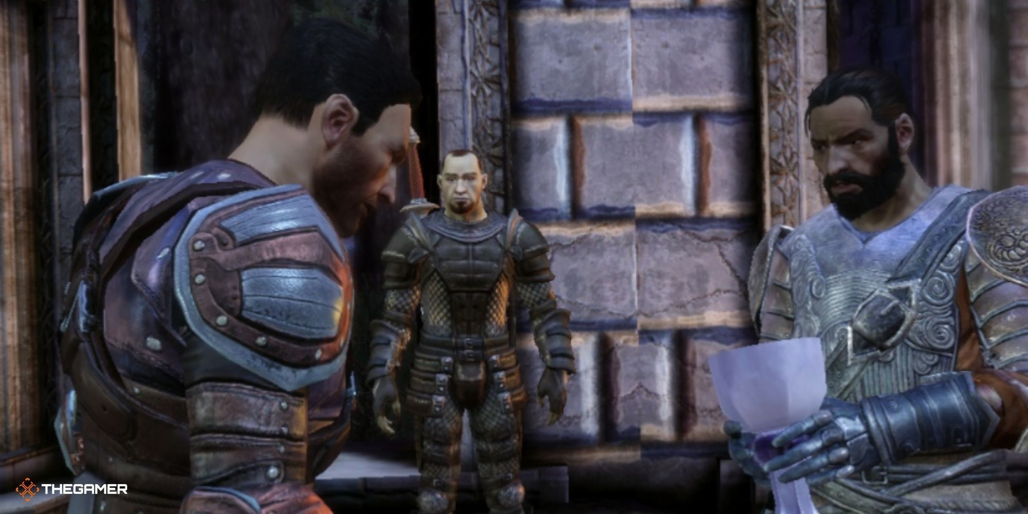 Duncan holding the chalice out to Daveth during the Grey Warden Joining in Dragon Age: Origins.