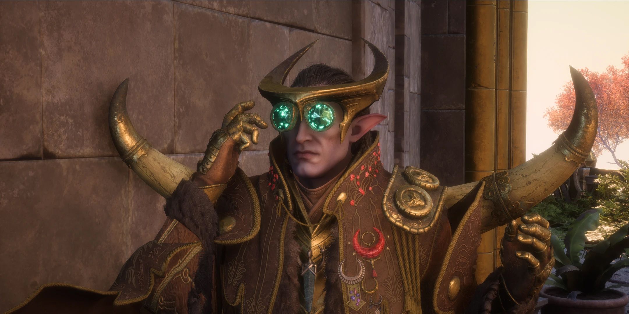 Dragon Age The Veilguard screenshot of Elgar'nan wearing Manfred's goggles.