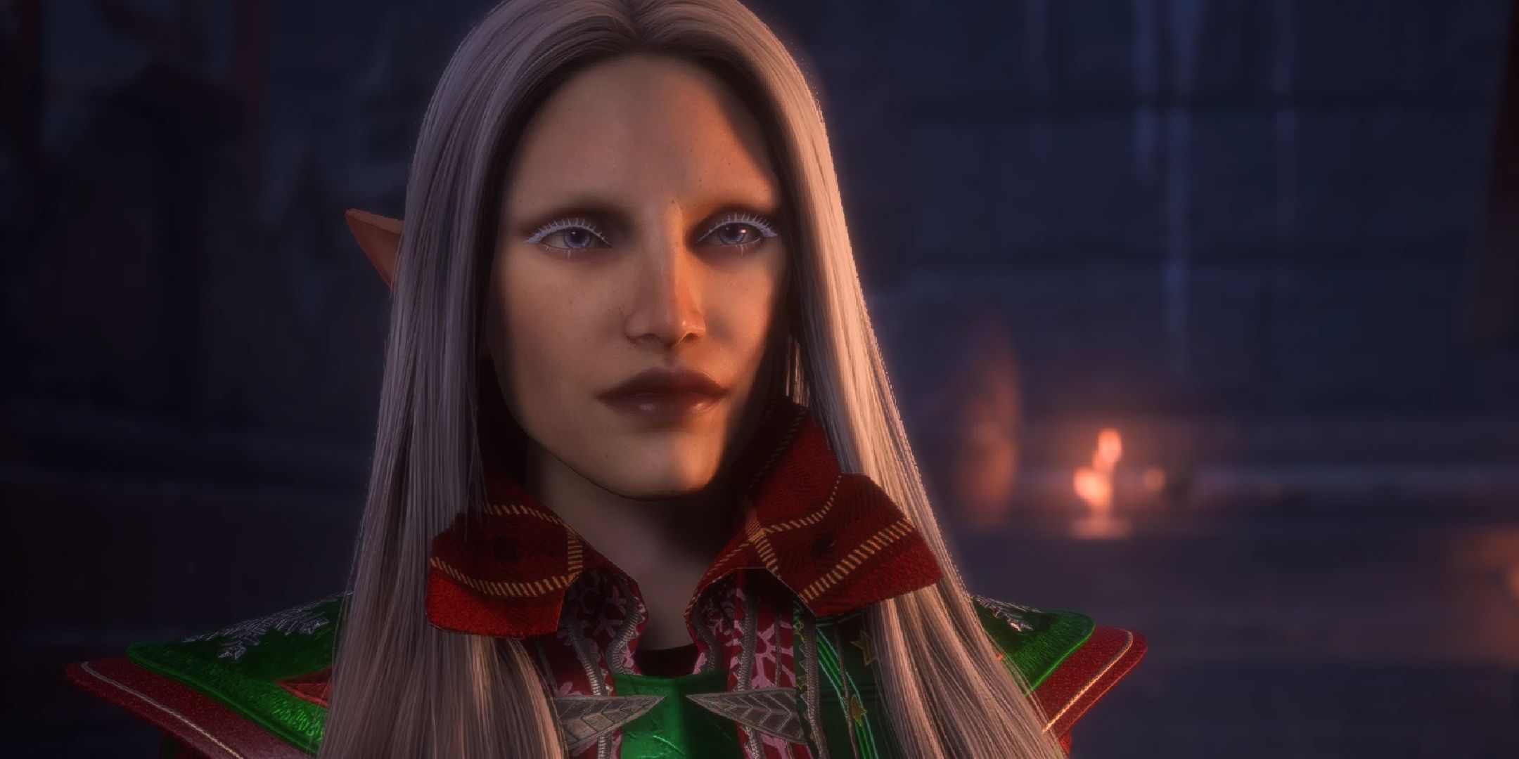 Dragon Age The Veilguard Inquisitor wearing a Christmas outfit.