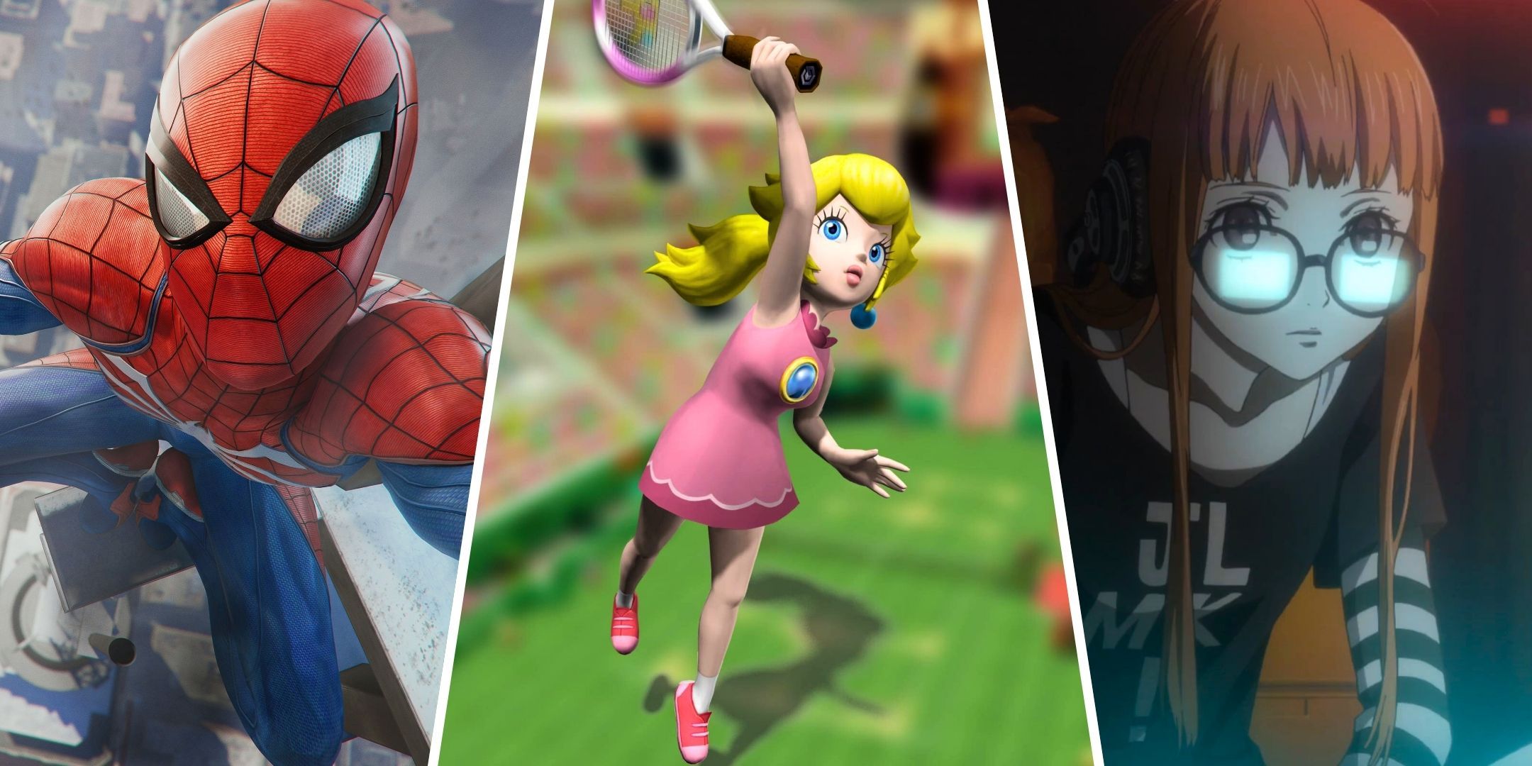 Split image of Spider-Man from Marvels Spider-Man Peach from Mario Power Tennis and Futaba Sakura from Persona 5 Royal