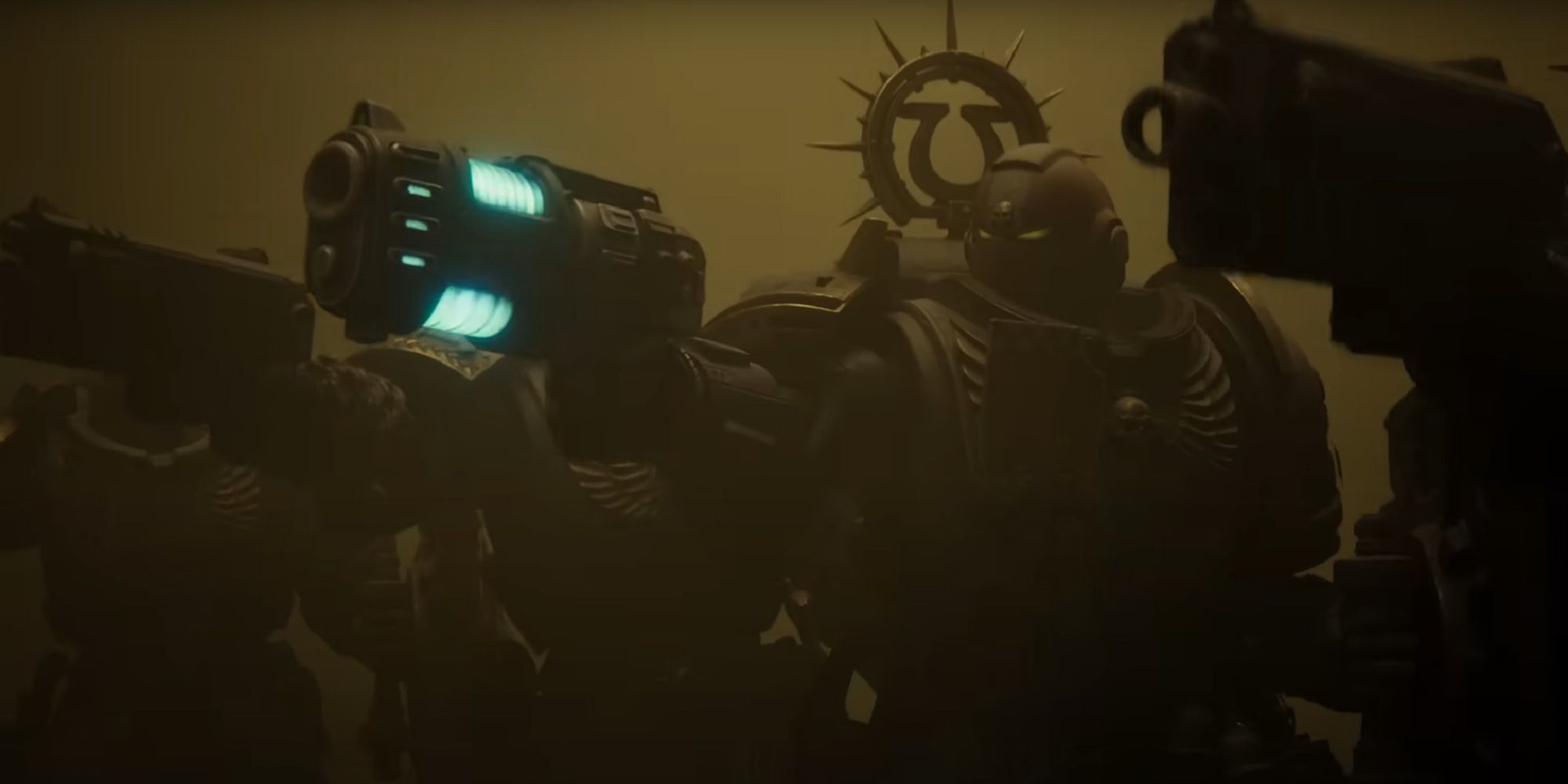 a space marine pointing a plasma pistol in the warhammer 40k secret level episode