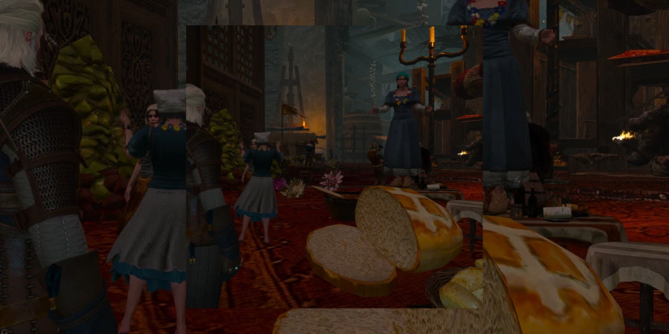 Honey I Shrunk The Witcher mod screenshot showing Geralt stood next to a giant loaf of bread while a woman dances on a table. copy