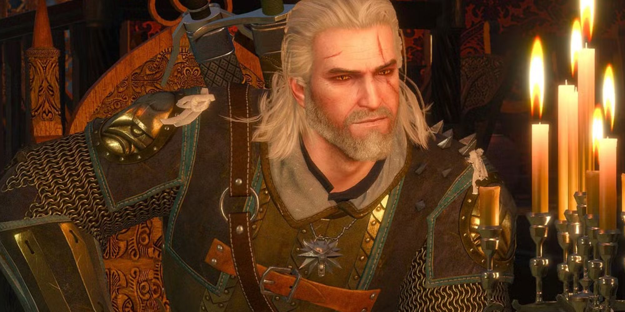 Geralt in The Witcher 3 sat in a lavish chair in front of some candles, leaning forward as he prepares to play a round of Gwent.