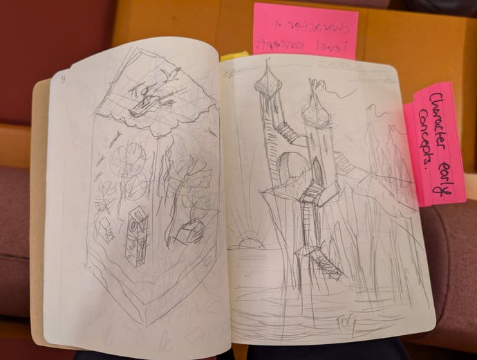 A sketch book showing pencil concept drawings from the Monument Valley game projects.