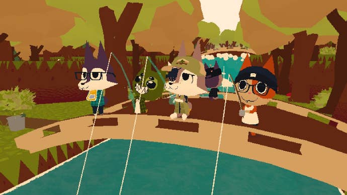 Webfishing characters cast off from a bridge.