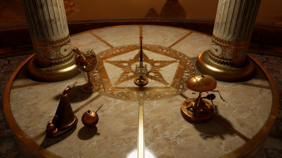 An image of a table with a star carved into it with golden furnishings on top