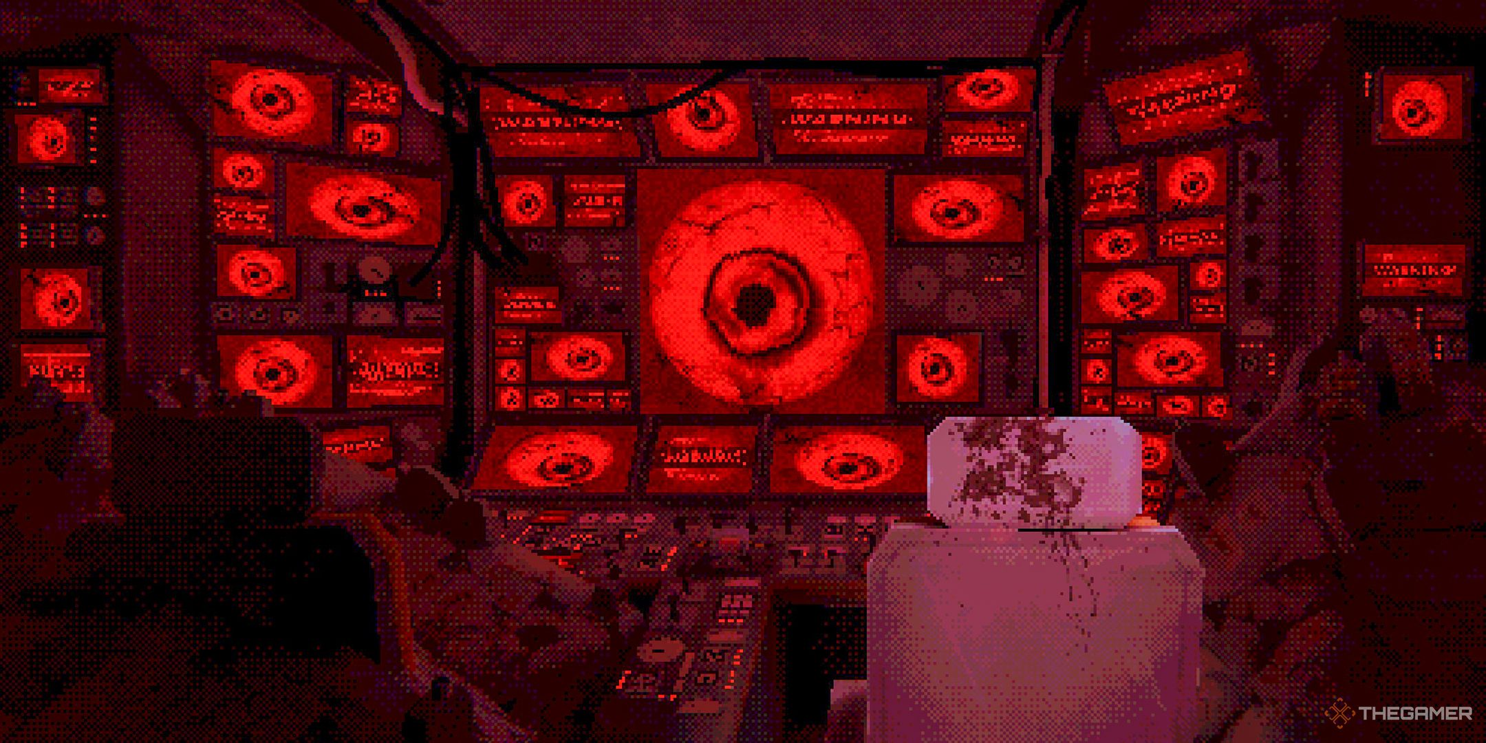 Mouthwashing spaceship cockpit lit up in red with bloodied seat and monitors all showing an eyeball.