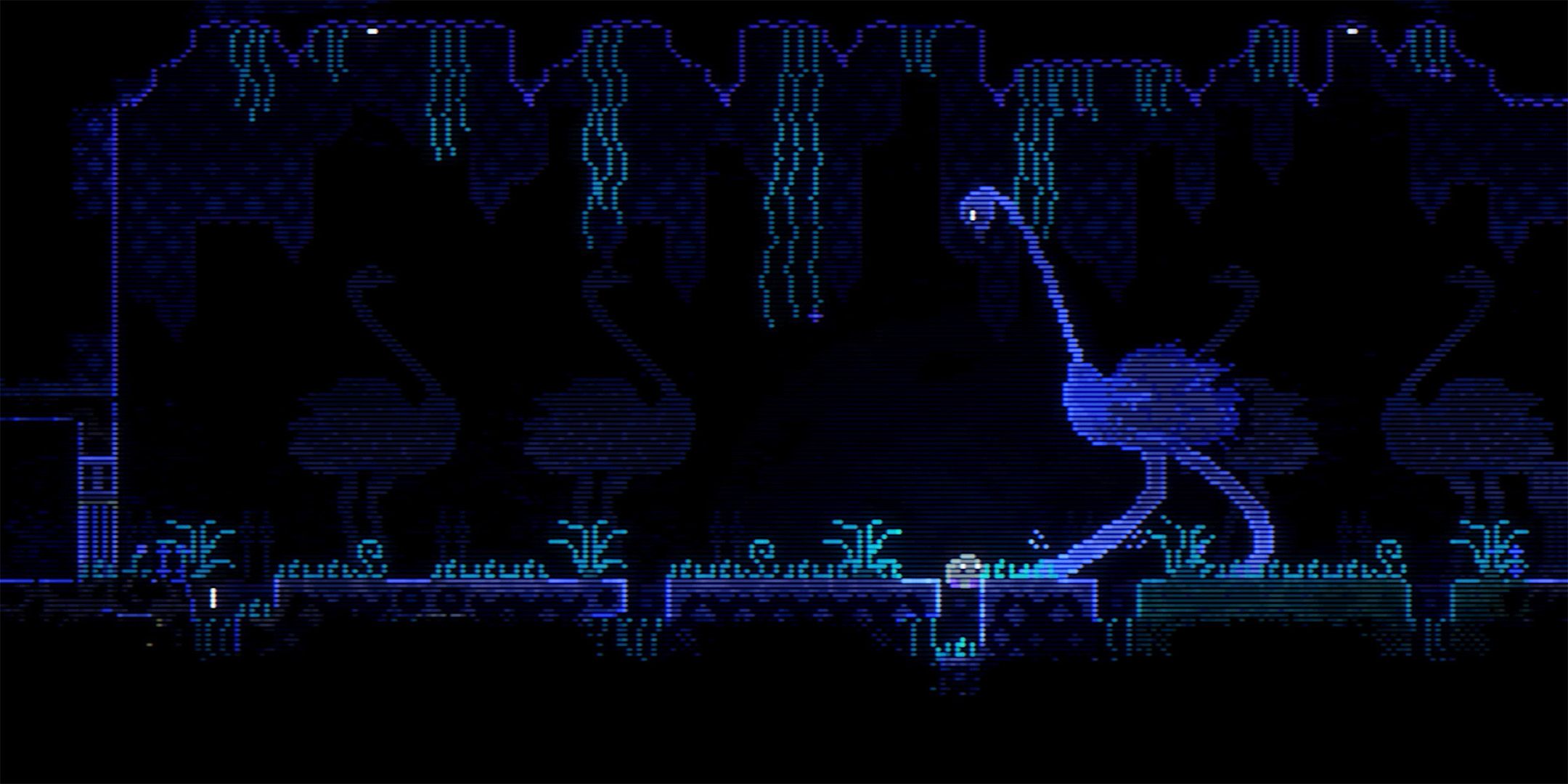 The blob running away from an ostrich in Animal Well.