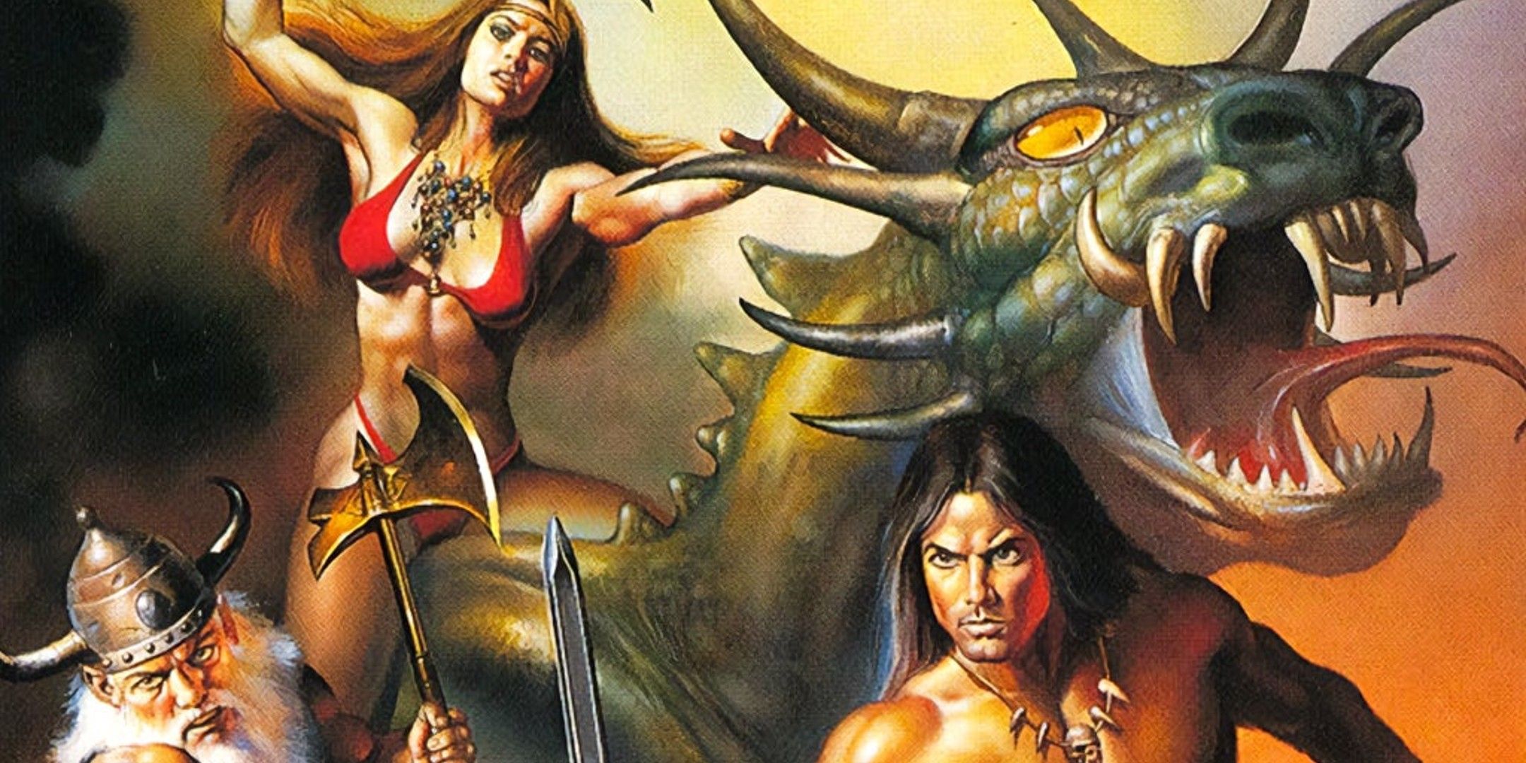 Characters of Golden Axe 2 and a dragon.