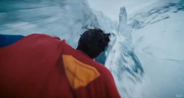 One of the split-second glimpses of Superman, here flying through an icy ravine.