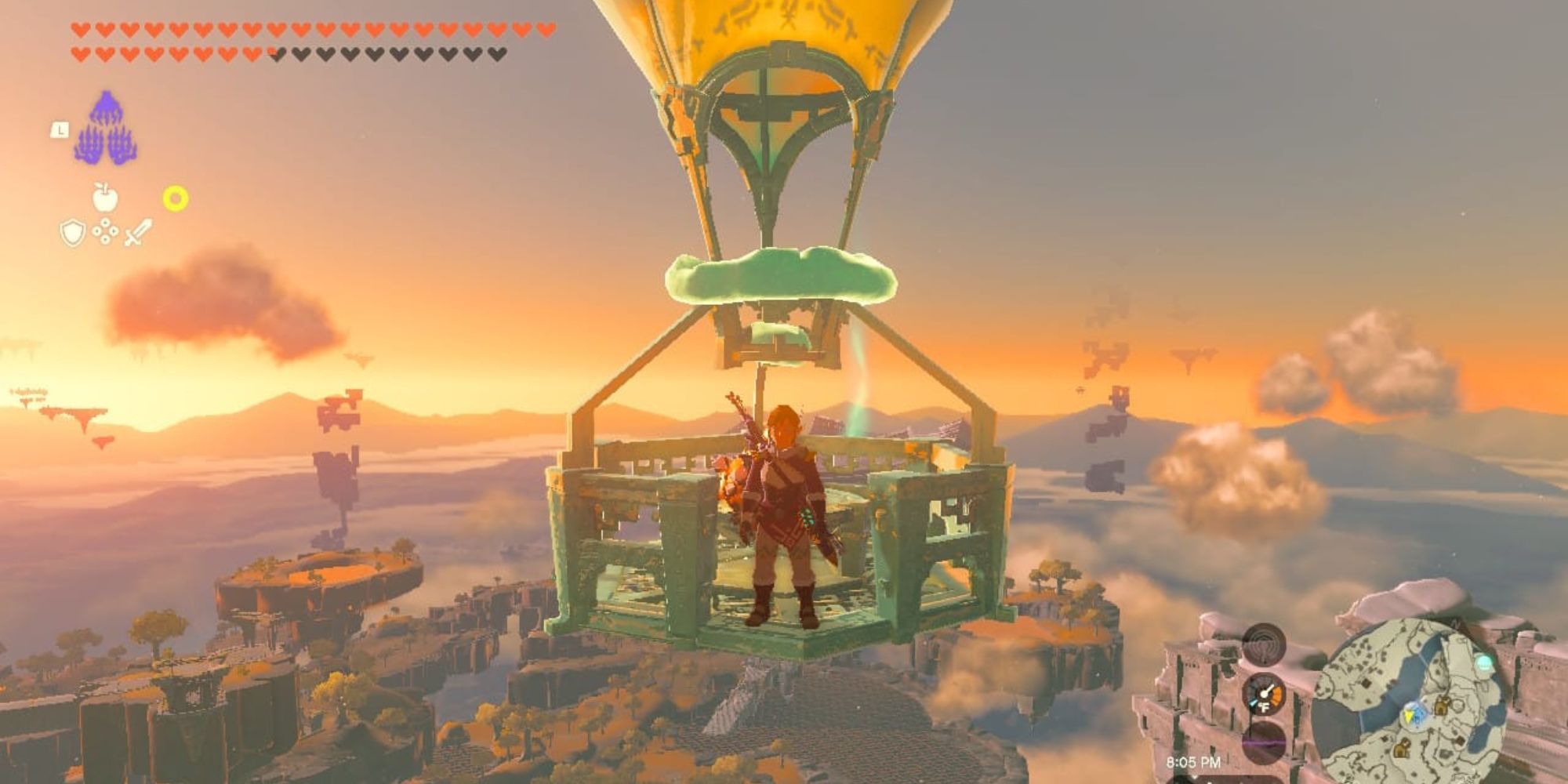 Link flying through the skies in a hot air balloon in The Legend of Zelda: Tears of the Kingdom