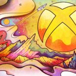 A stylized Xbox sphere in recognition of Mental Wellness Awareness featuring the sphere as a sun-like orb on a background including a planetary landscape with crystalline structures, stars, and a starship within a wavy, dream-like frame.