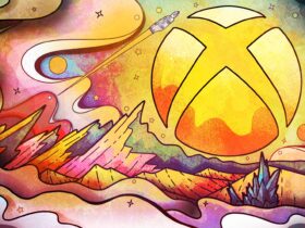 A stylized Xbox sphere in recognition of Mental Wellness Awareness featuring the sphere as a sun-like orb on a background including a planetary landscape with crystalline structures, stars, and a starship within a wavy, dream-like frame.