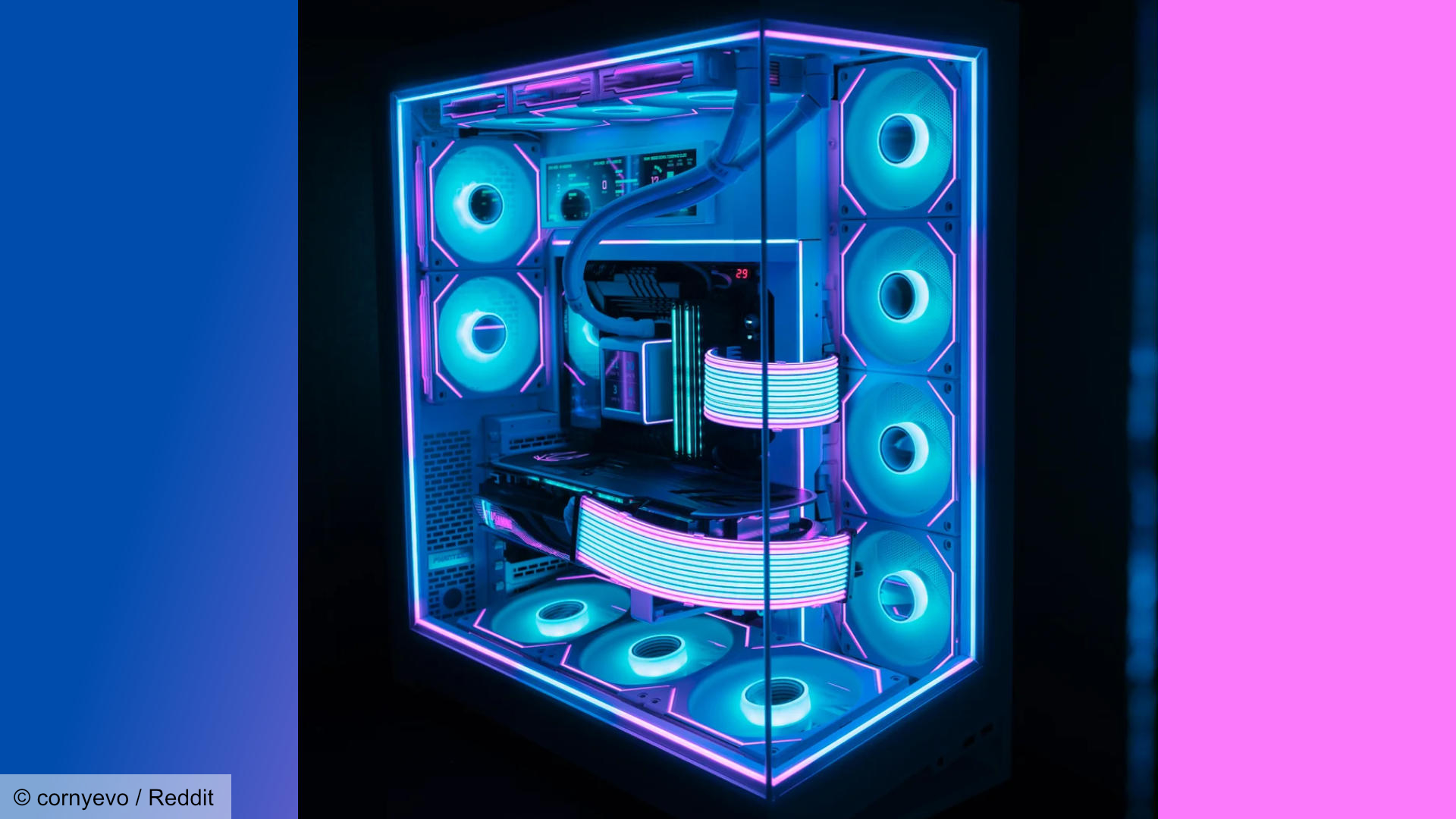 Angled side view of the Tron-like RGB gaming PC