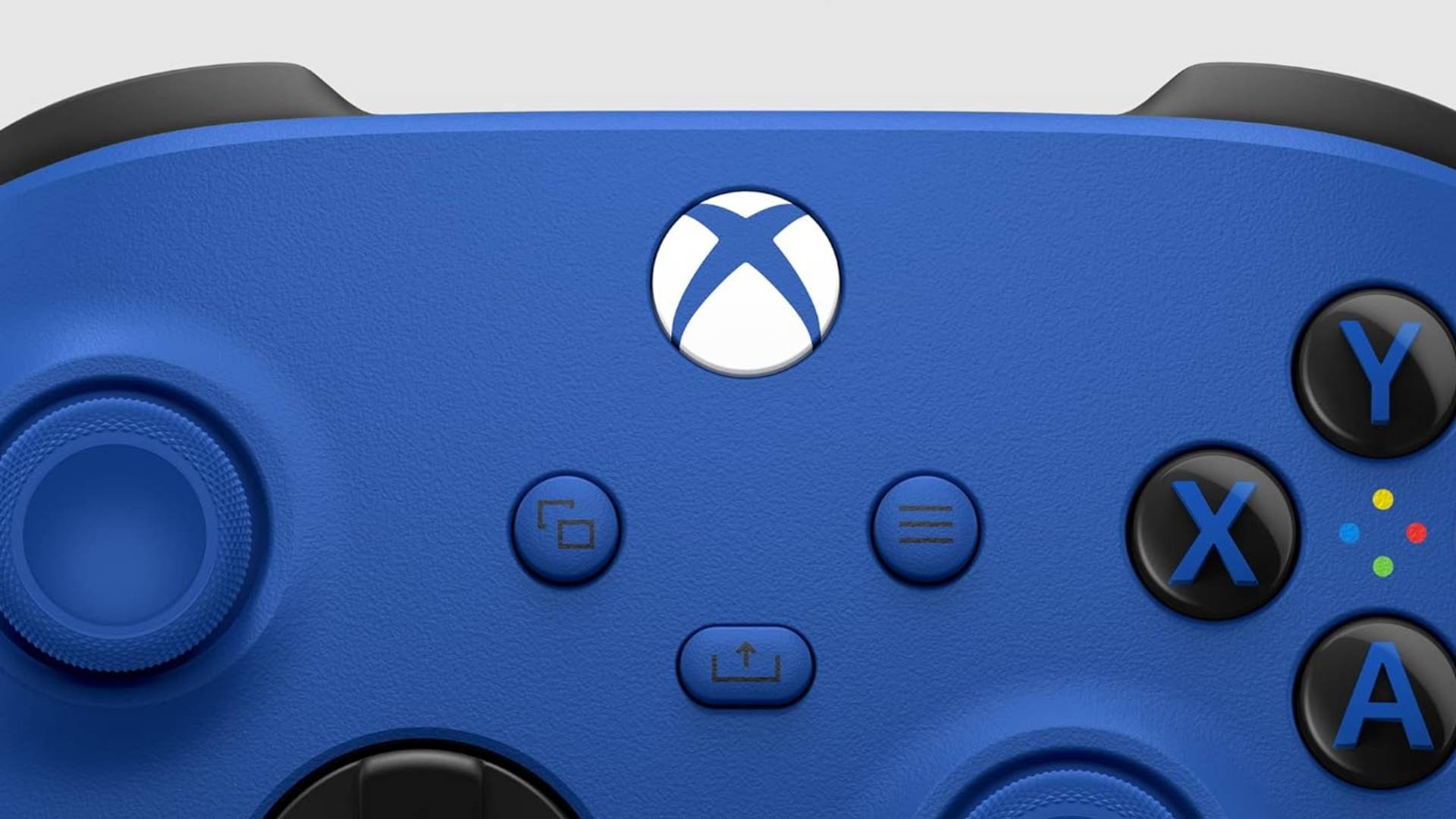 A close up promotional image of the Shock Blue Xbox wireless controller.