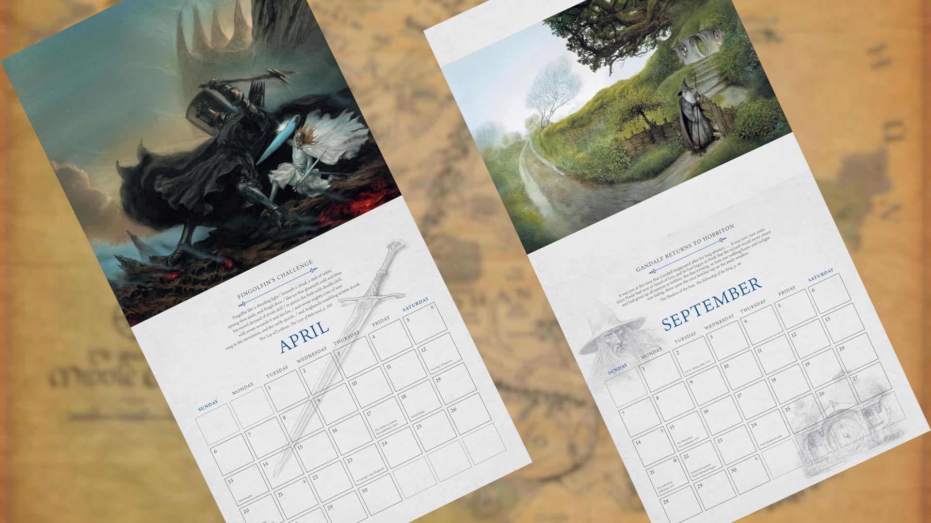 Two pages from 2025's Official Tolkien Calendar on top of a blurred map of middle earth