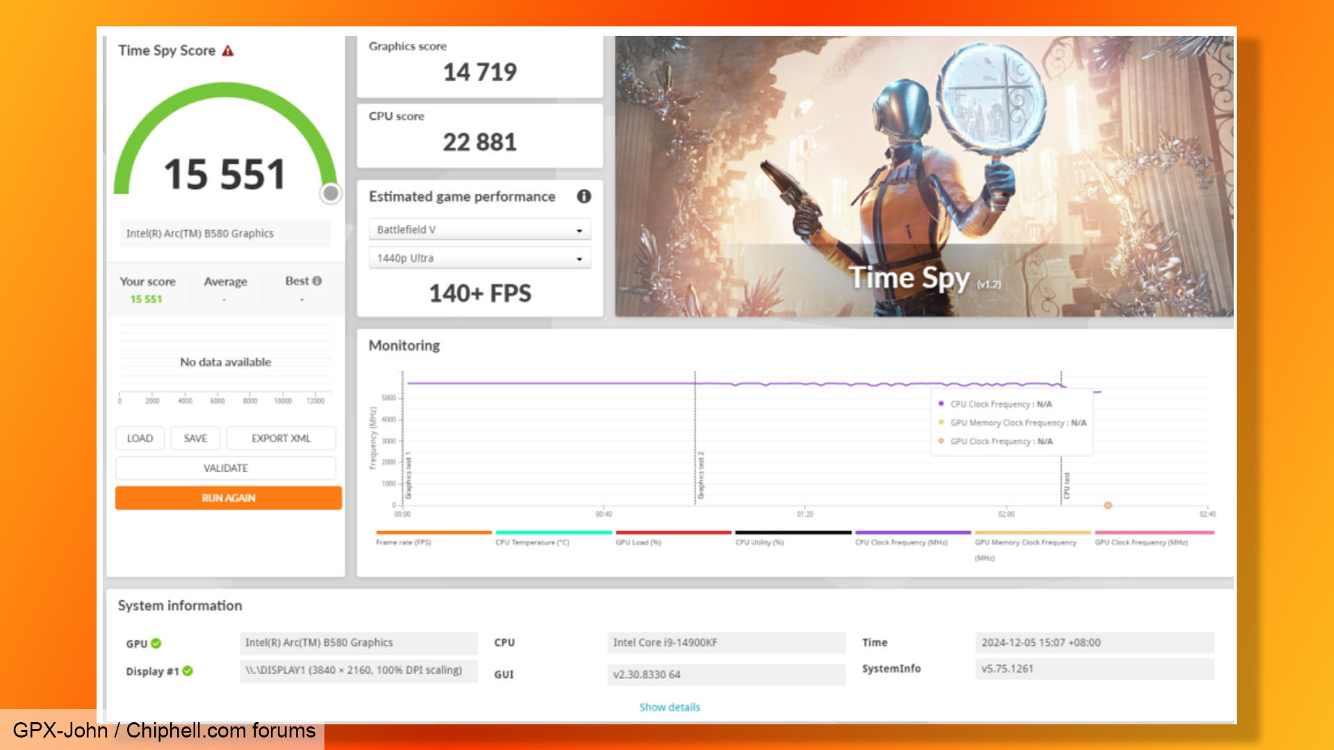 Intel Arc B580 3DMark Time Spy leak, showing result of 15,551.