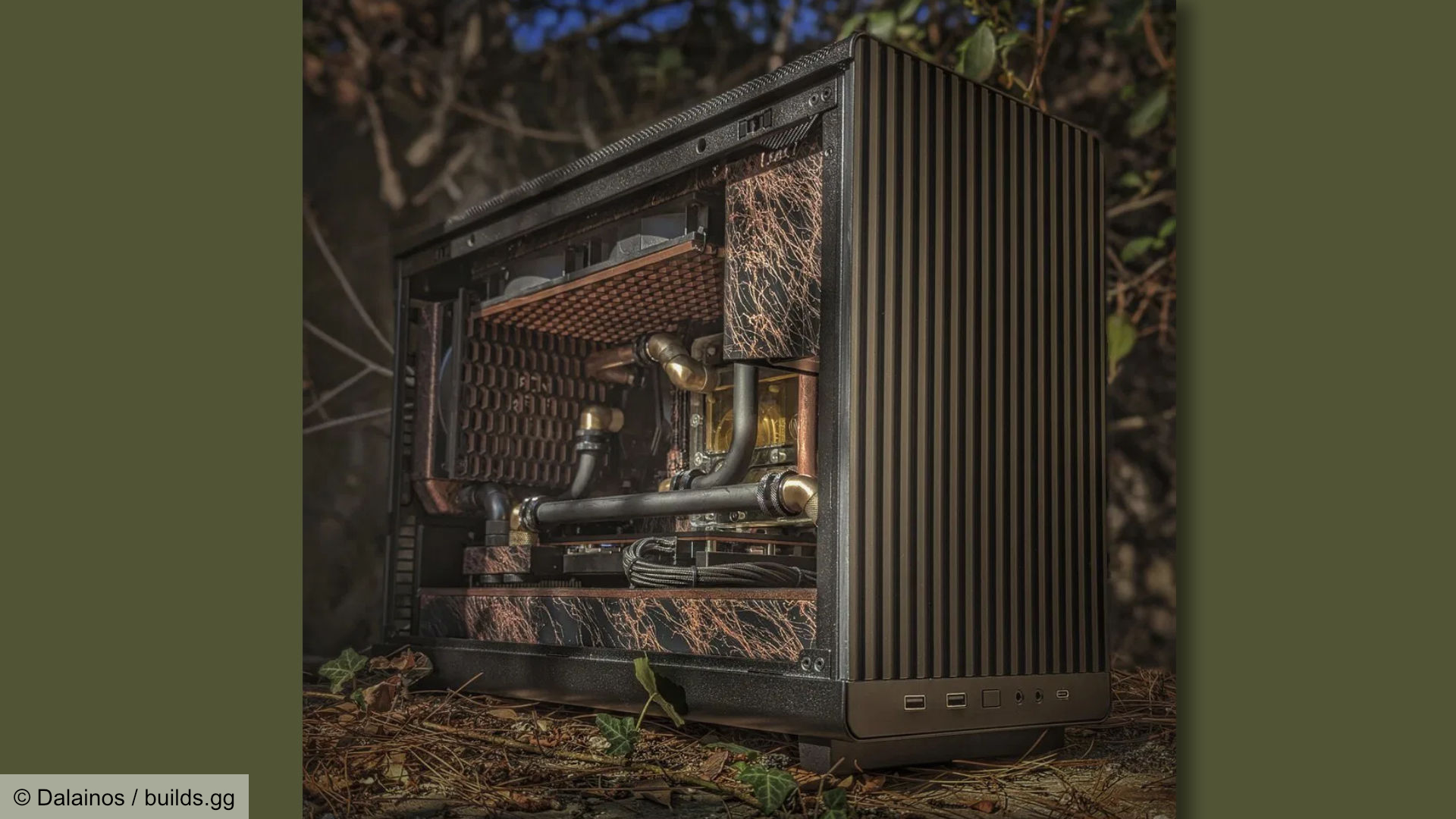 Rustic gaming PC build showing the front and side view