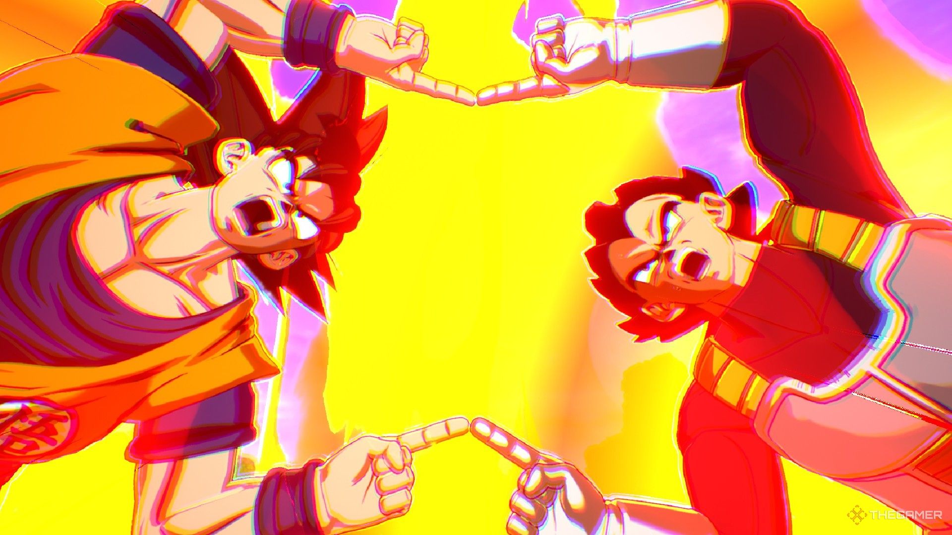 Dragon Ball Sparking Zero image showing Goku and Vegeta doing the fusion dance.