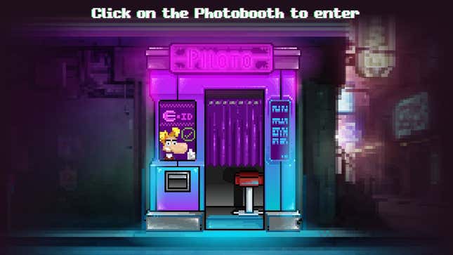 A photobooth made of pixels and purple light, with Rayman's face on the side.