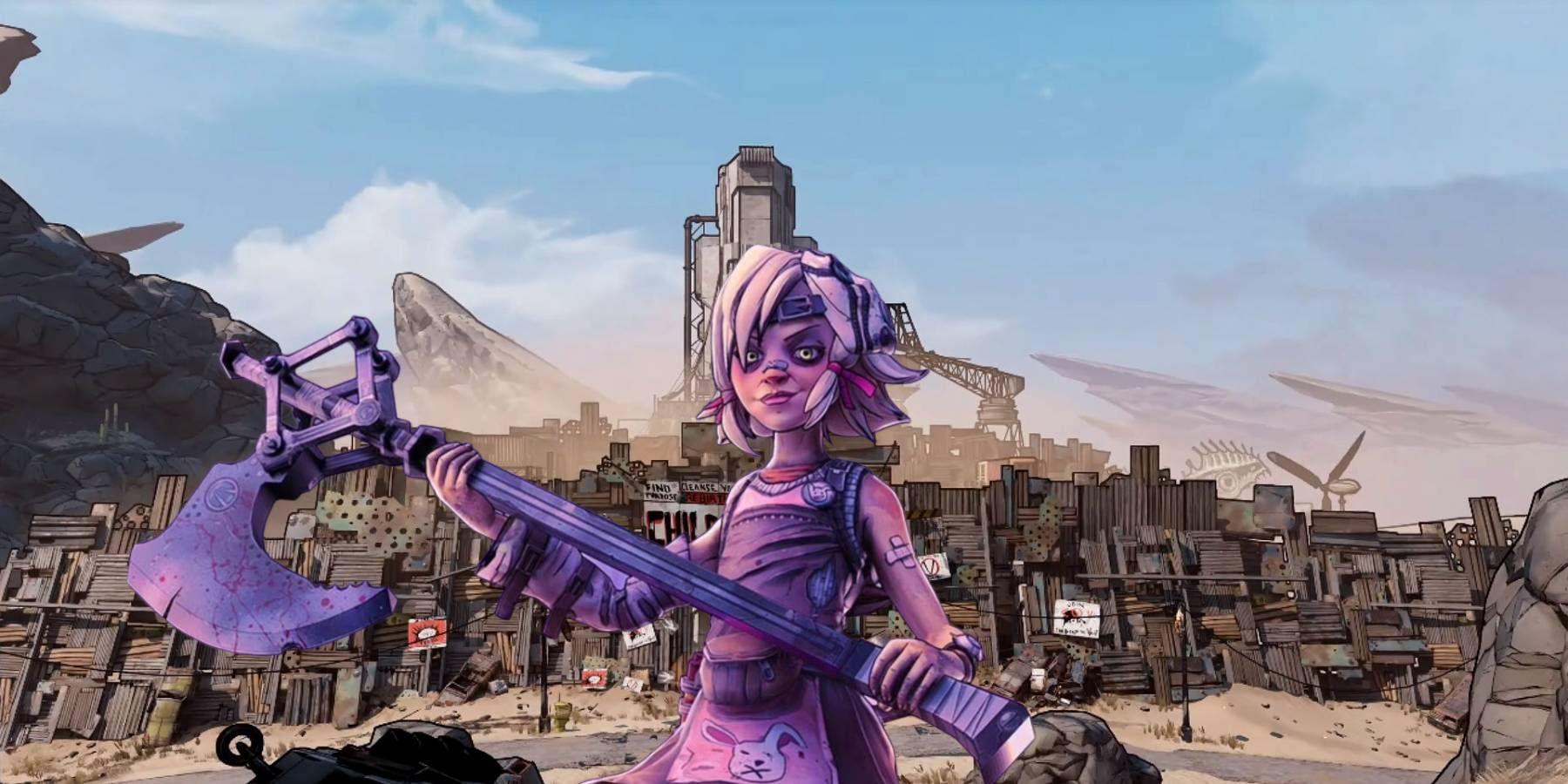 Tiny Tina from Tiny Tina's Wonderlands in front of a Children of the Vault base from Borderlands 3