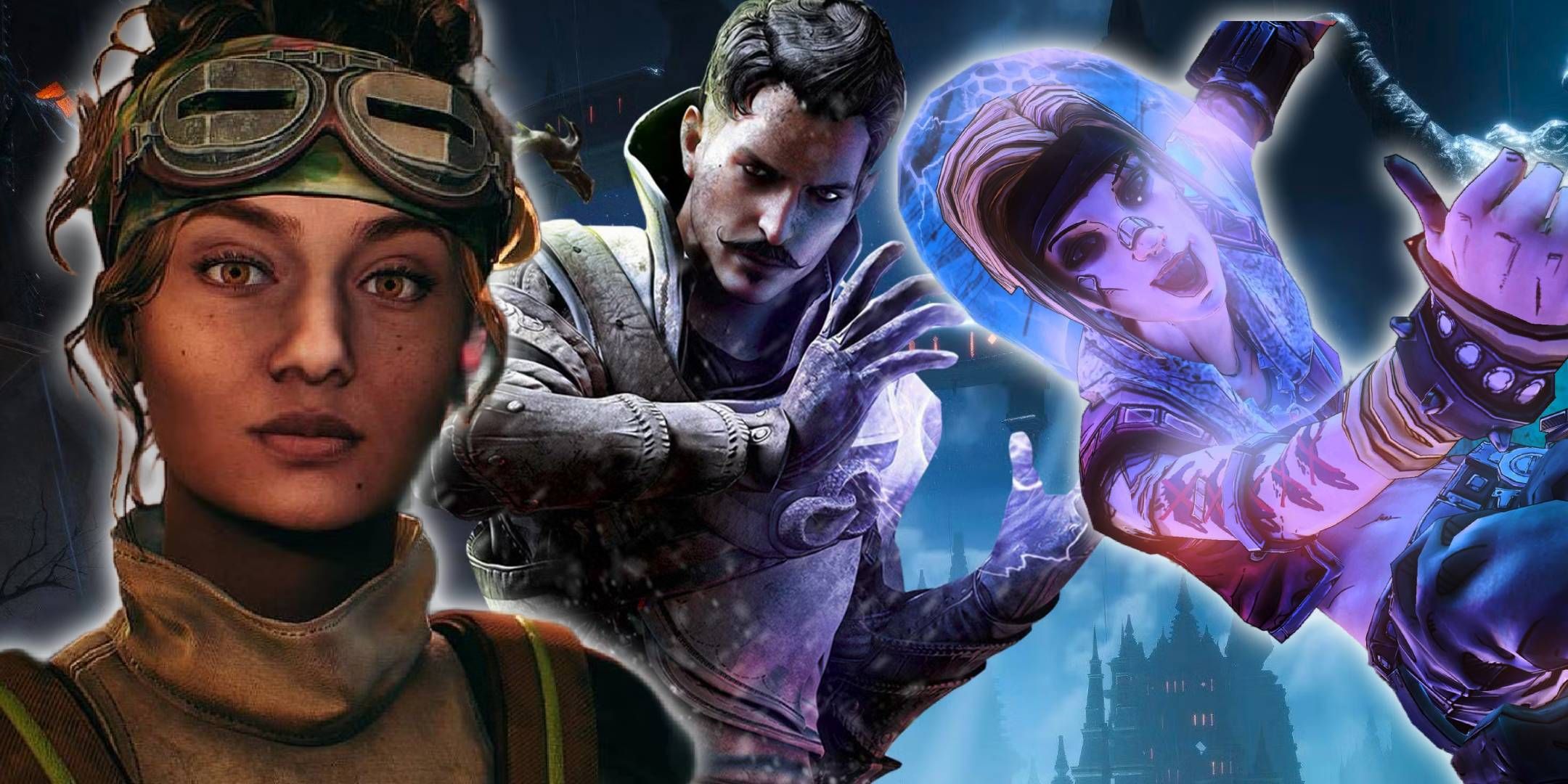 A split image of Parvati Holcomb from The Outer Worlds, Dorian Pavus from Dragon Age, and Janey Springs from Borderlands.