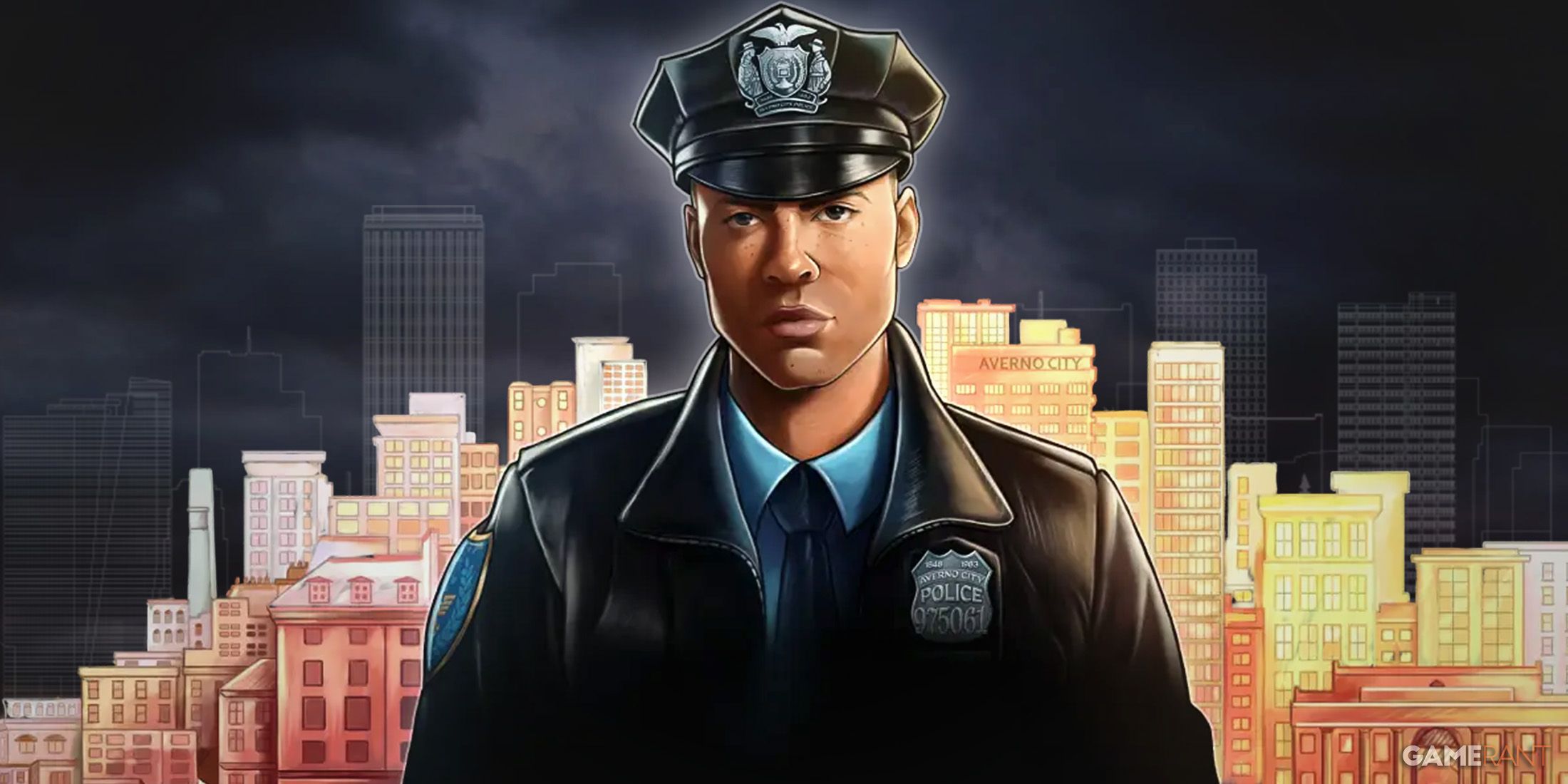 The Precinct game protagonist character artwork in front of cityscape in a thunderstorm 2x1 composite