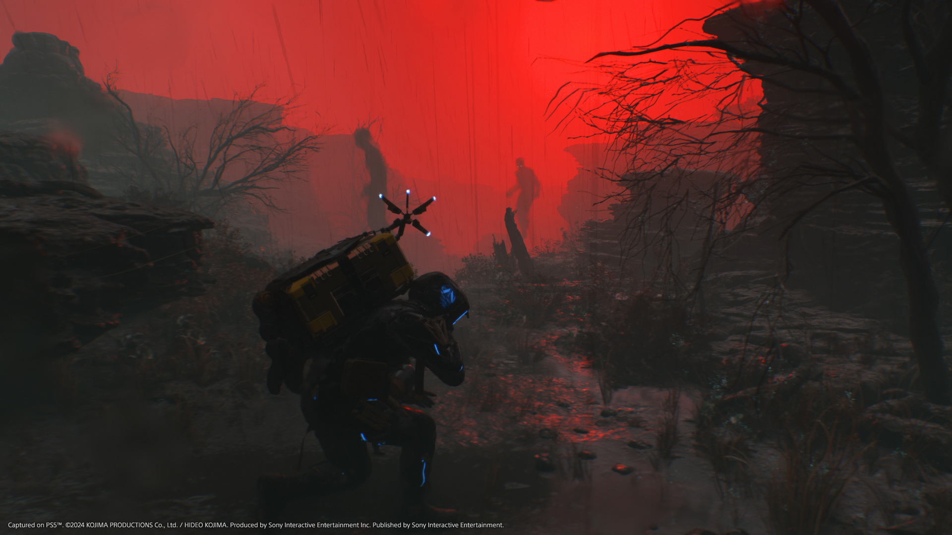 Death Stranding 2 PS5 screenshot showing Sam Porter Bridges navigating a mysterious field with a red skyline