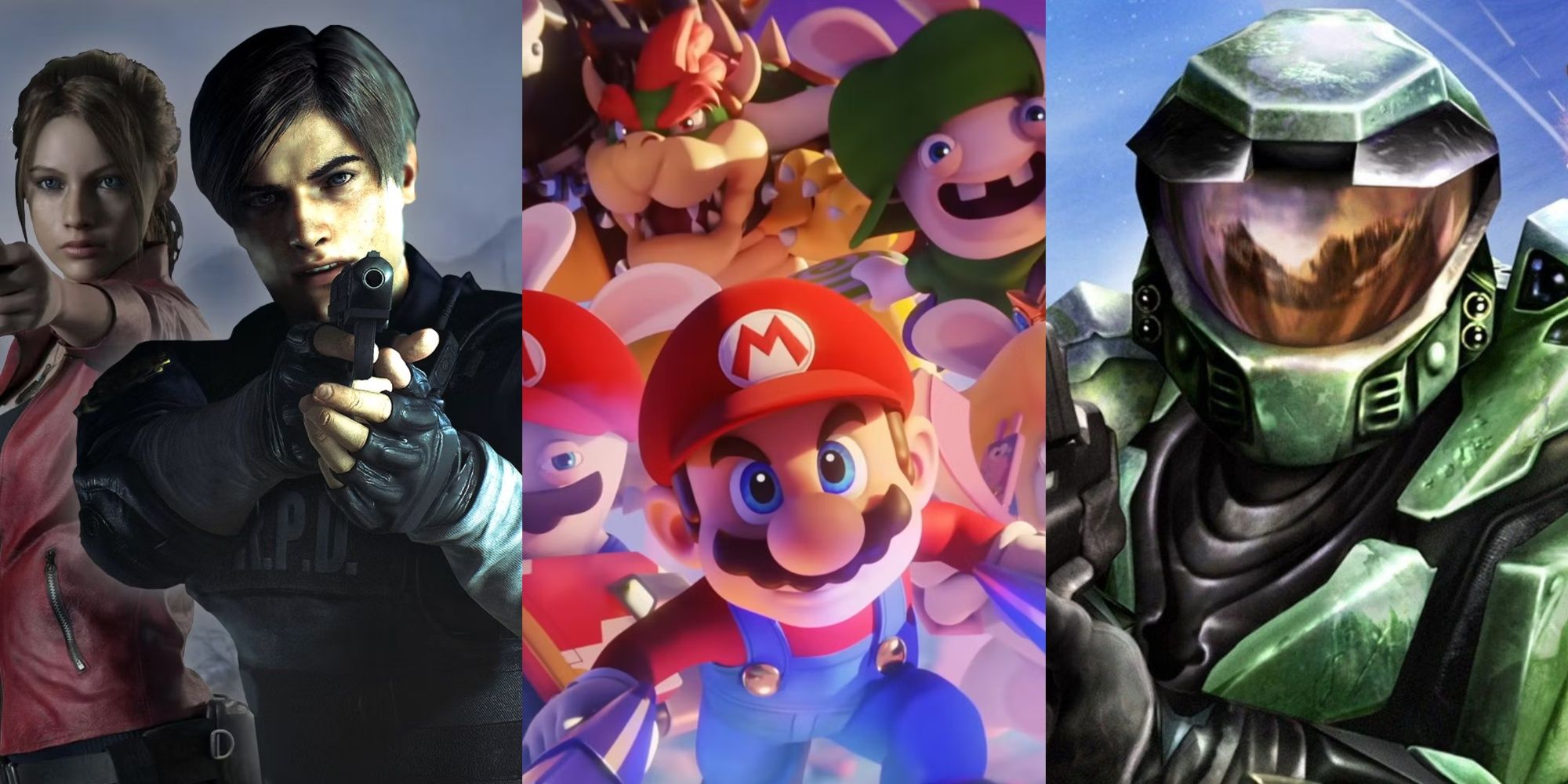 A split image of Resident Evil, Mario, and Halo