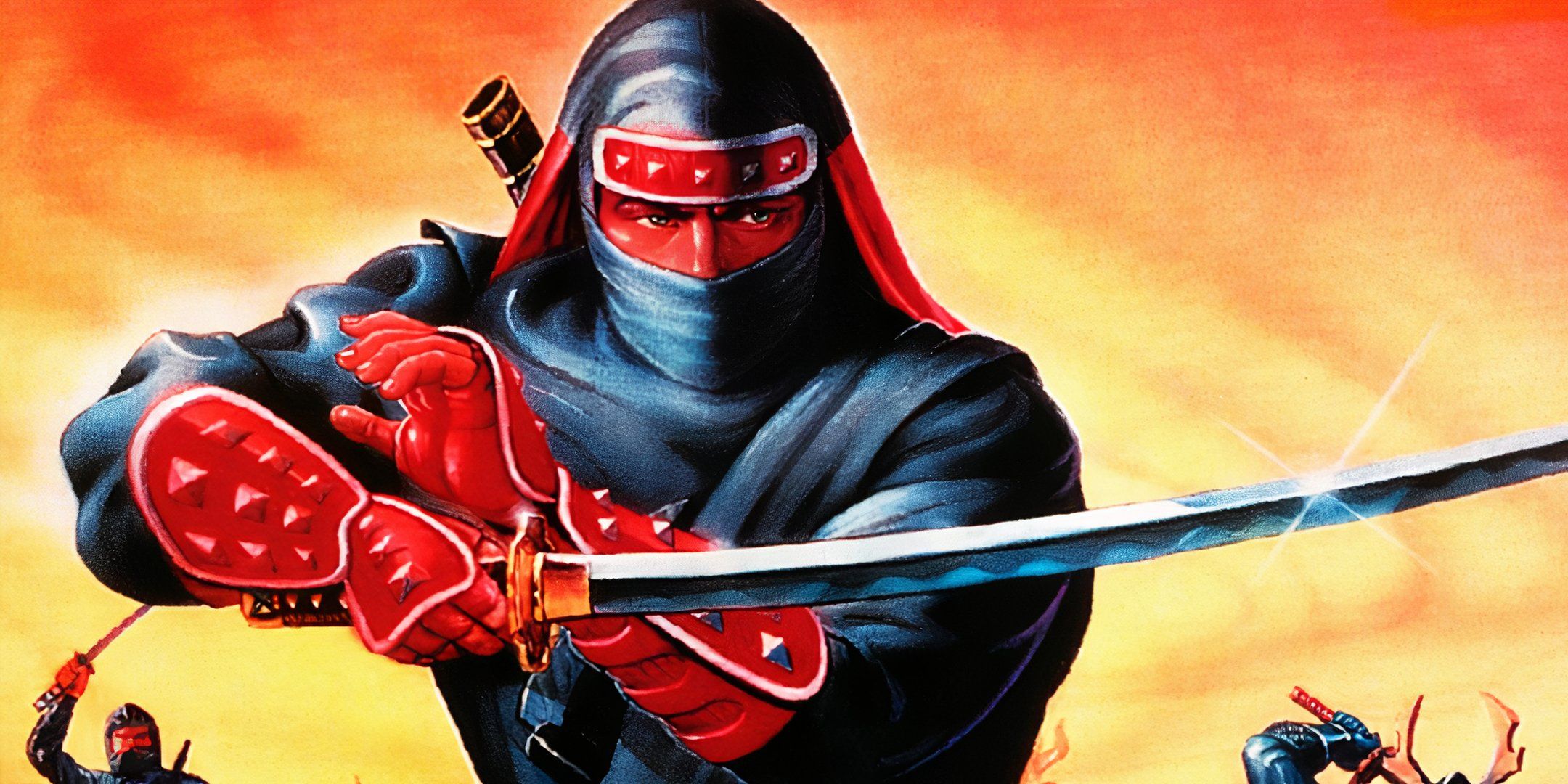 Joe Musashi holding a katana in front of an orange background on the front cover of Shinobi 3: Return of the Ninja Master.