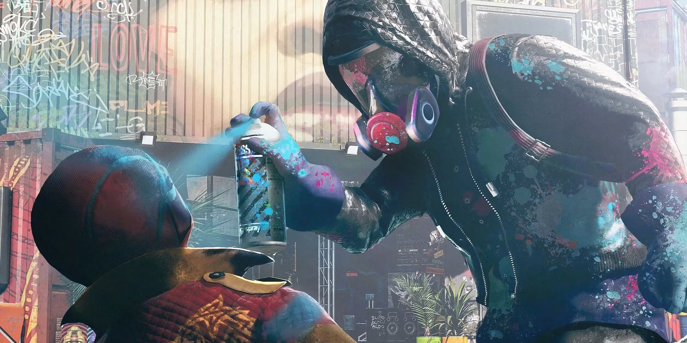 A character using spray paint in Watch Dogs Legion