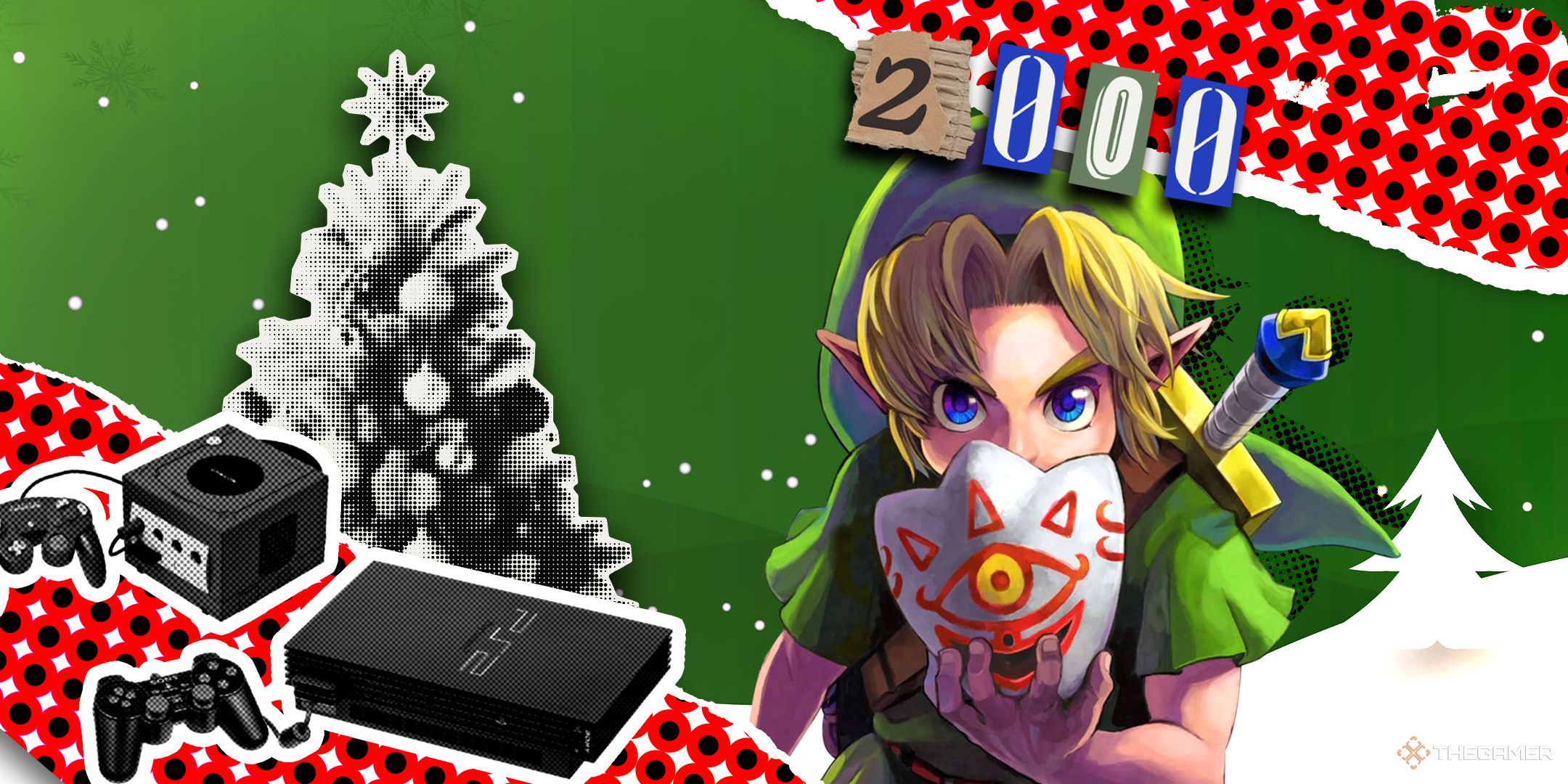 Link from Majora's Mask with a GameCube and PS2 for What a Gamer Would Have Gotten for Christmas in 2000, with the year 2000 spelled in scrapbook magazine letters.