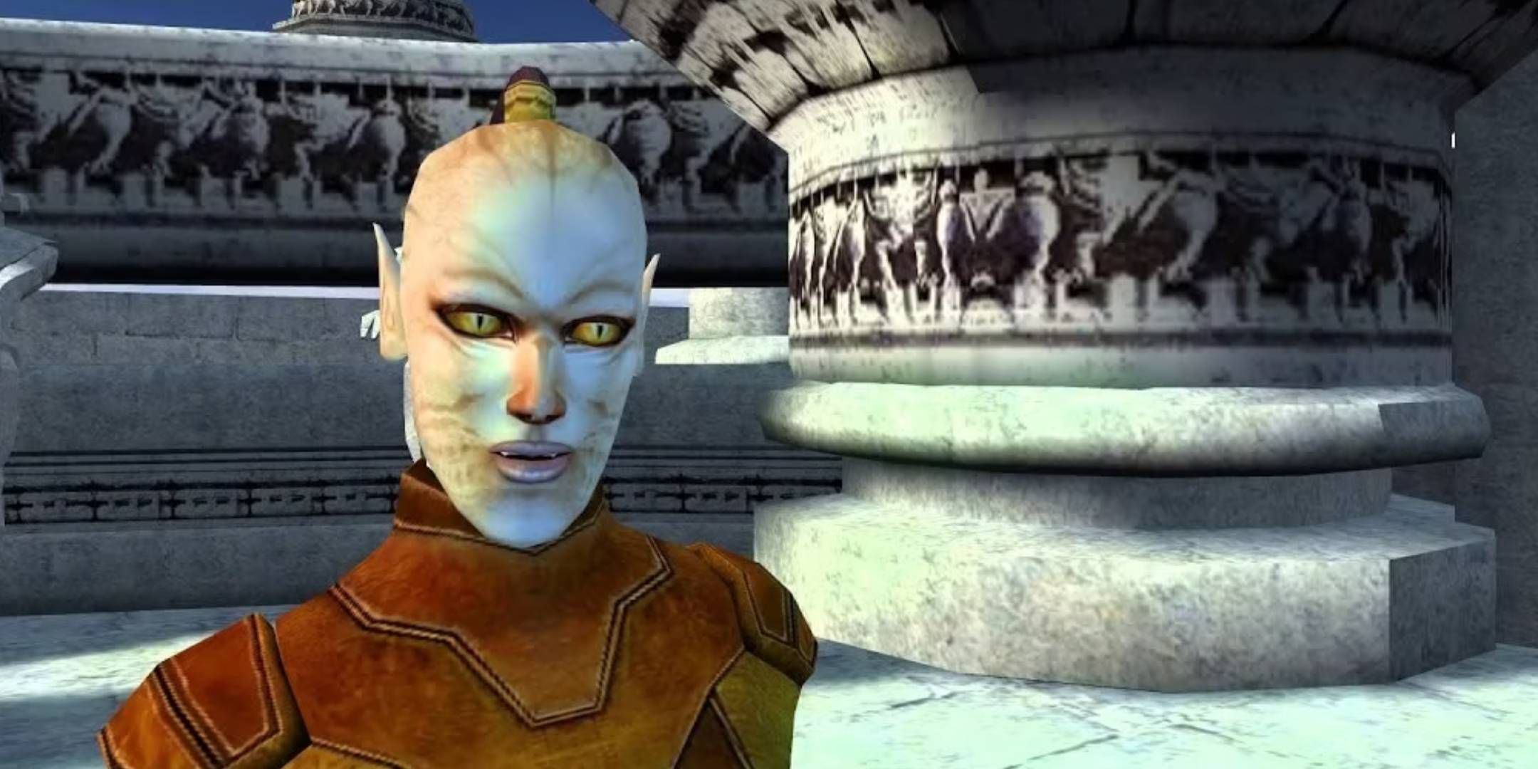 Juhani talking to the player among ruins in Star Wars: Knights of the Old Republic.