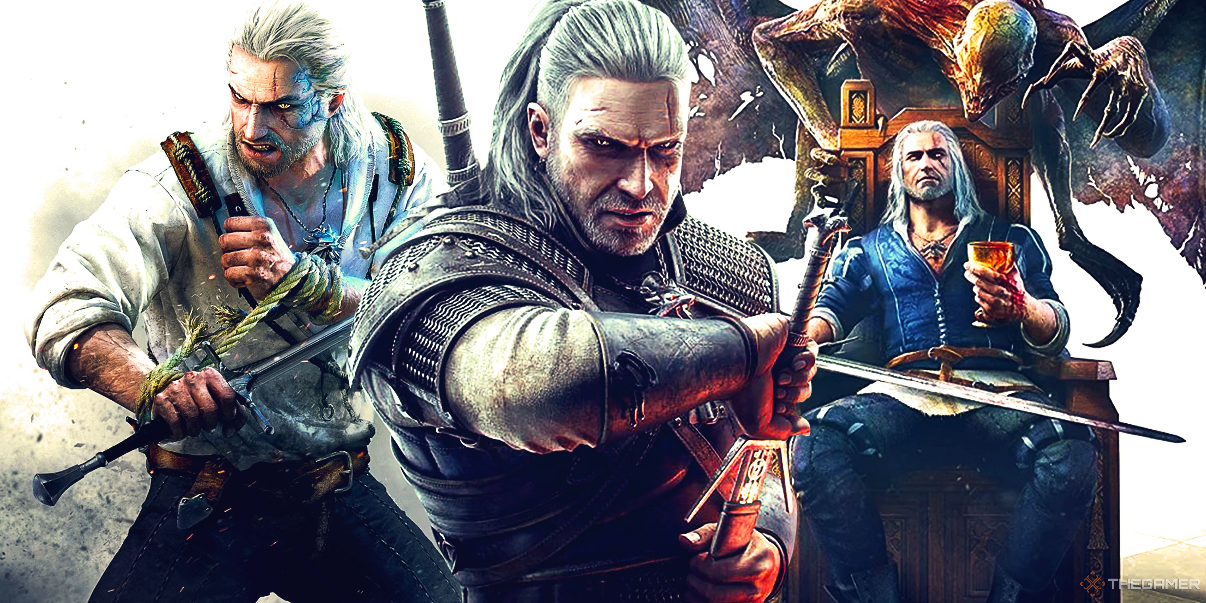 Key art of Geralt from The Witcher 3 alongside key art from the game's expansions Hearts of Stone and Blood and Wine.