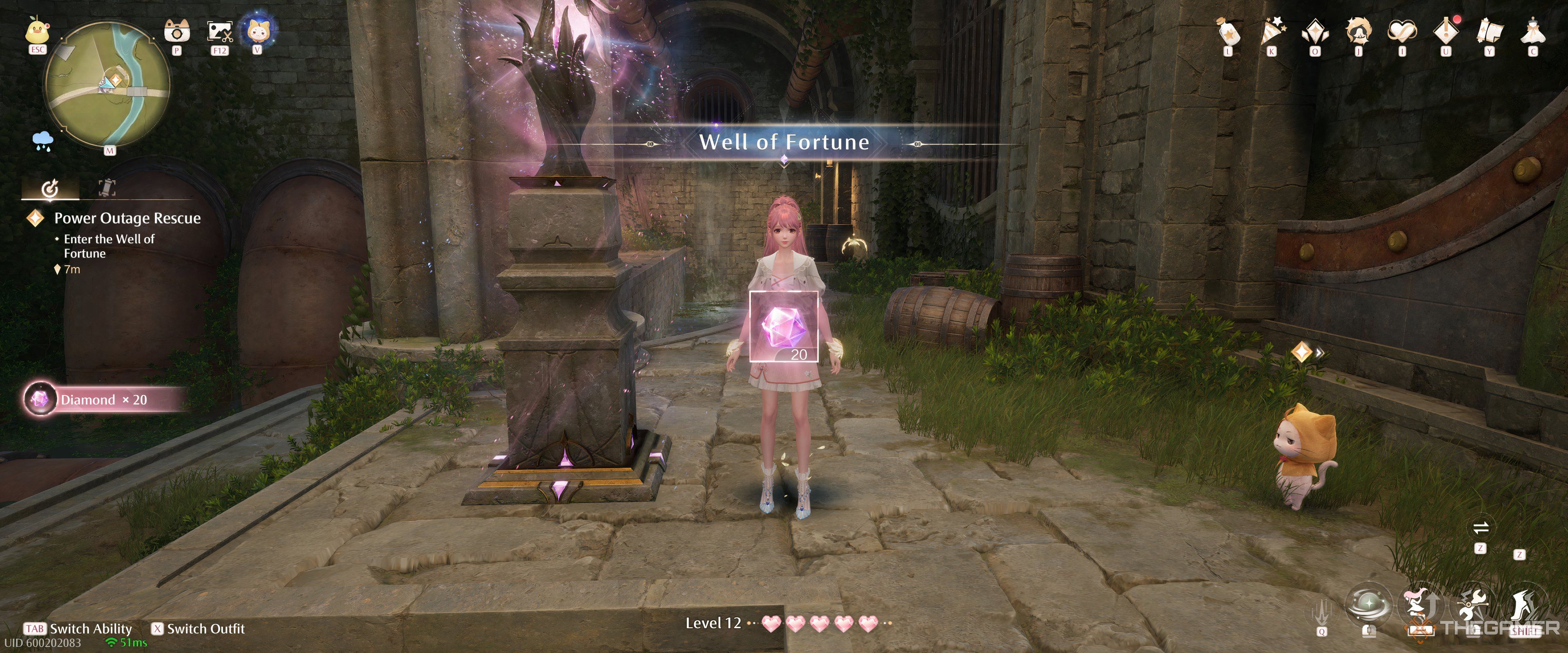 The main character standing next to a Well of Fortune and getting a stack of Diamonds in Infinity Nikki.