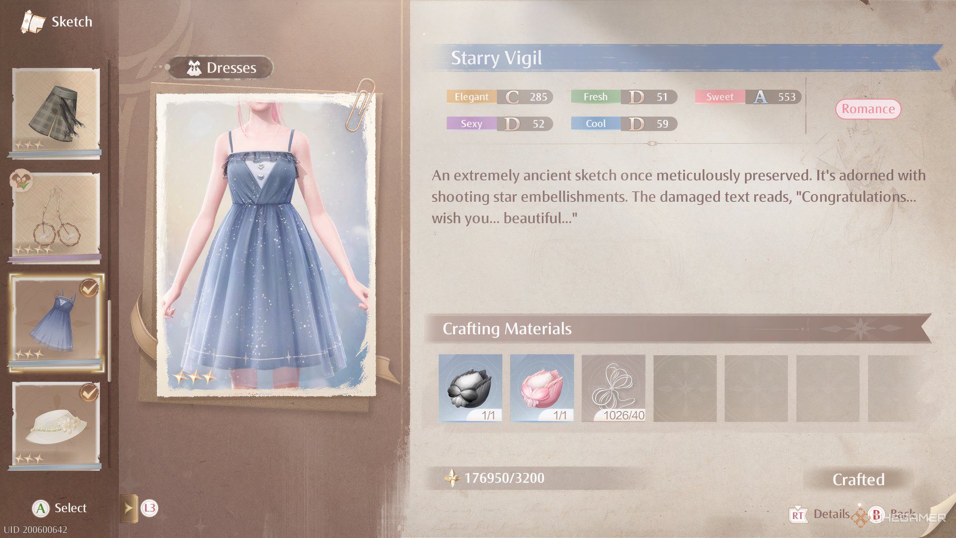 The crafting materials for the Starry Virgil dress are shown in Infinity Nikki.